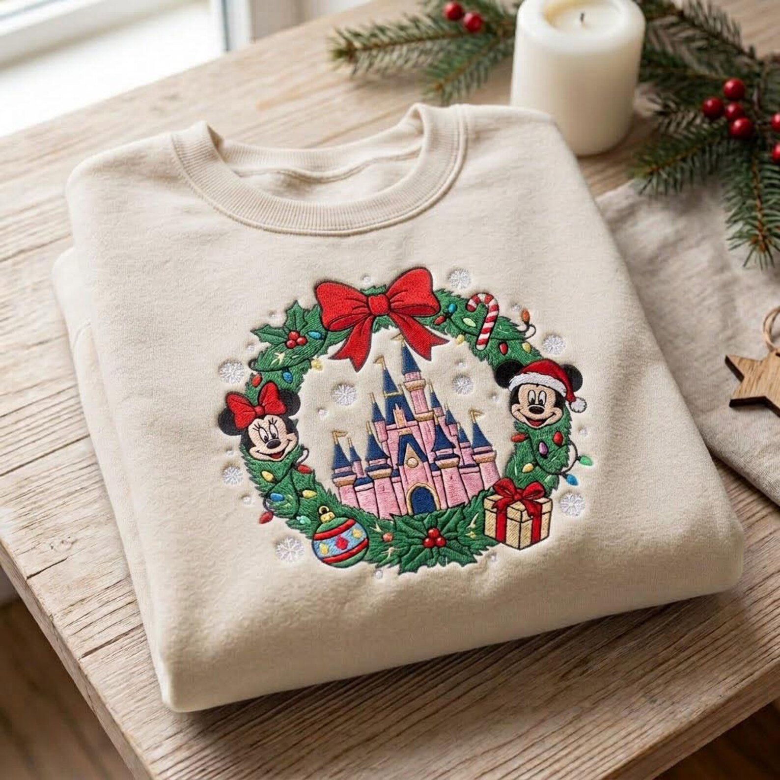Magical Christmas Castle Embroidered Sweatshirt, Festive Holiday Wreath Crewneck, Theme Park Christmas Vacation Gift 4