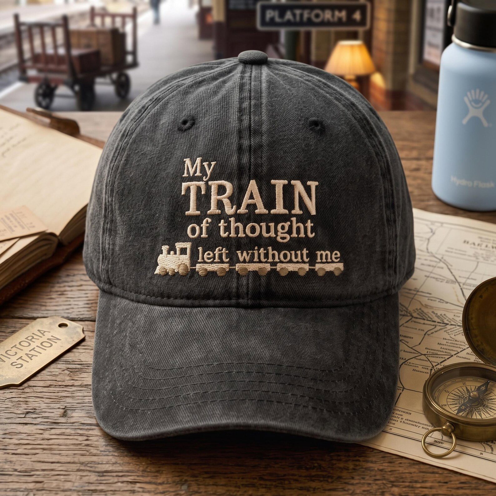 My Train of Thought Left Without Me Embroidered Washed Hat, Funny Train Dad Hat, ADHD Humor Cap, Railroad Lover Gift 2
