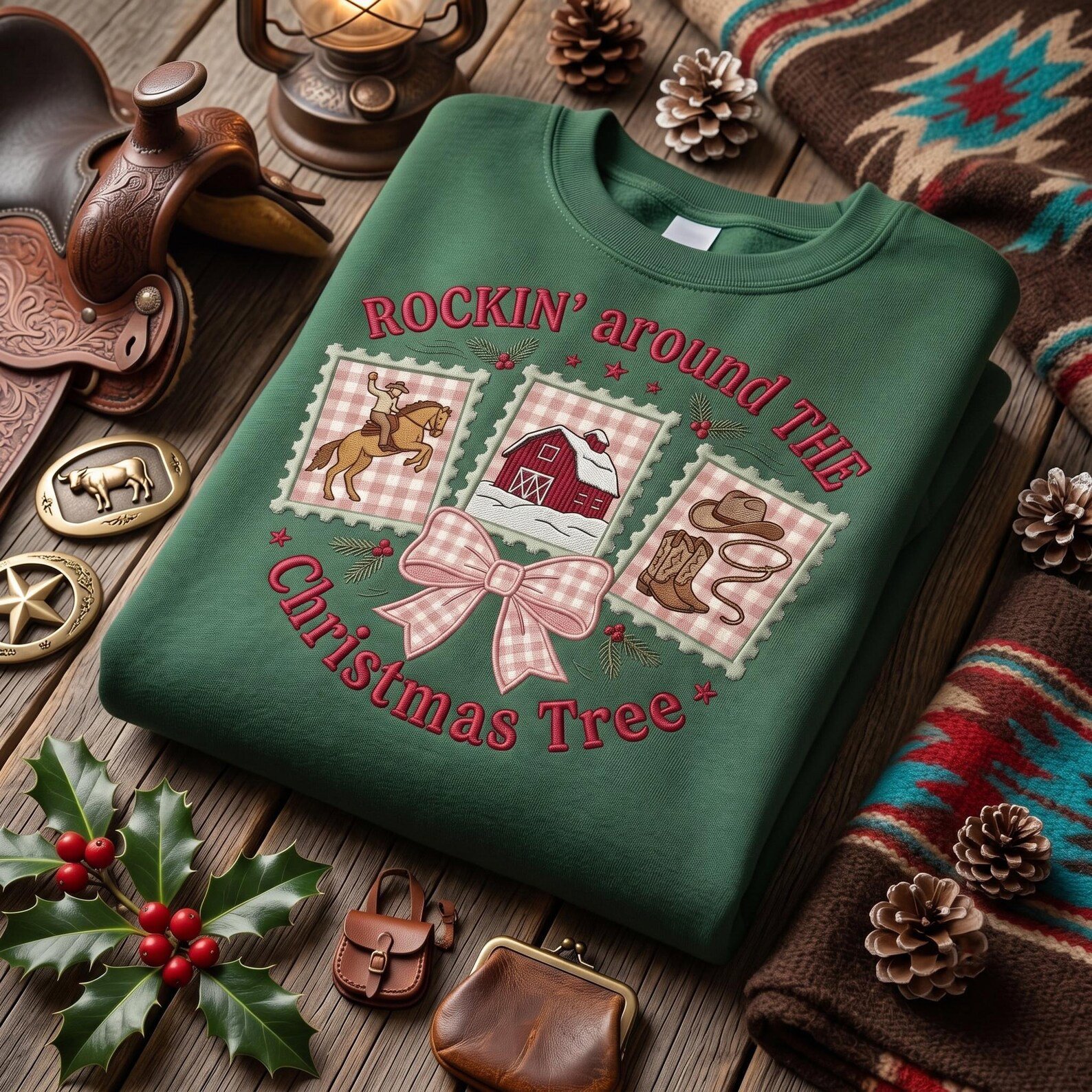 Rockin’ Around the Christmas Tree Embroidered Sweatshirt, Western Cowboy Holiday Crewneck, Ranch Christmas Shirt, Cowgirl Gift 2