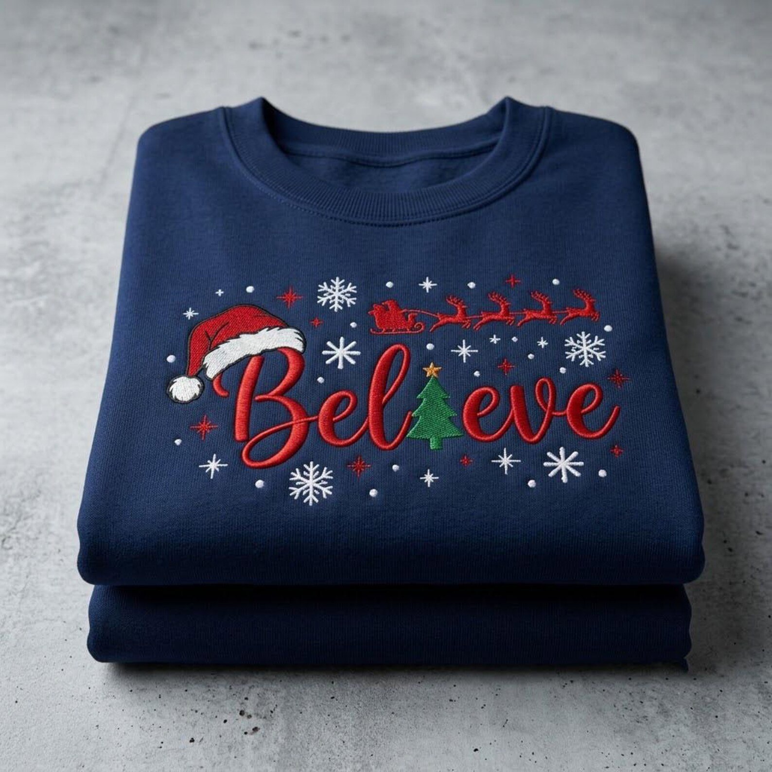 Believe Embroidered Christmas Sweatshirt, Santa Hat and Sleigh Crewneck, Festive Holiday Sweater, Christmas Gift 3