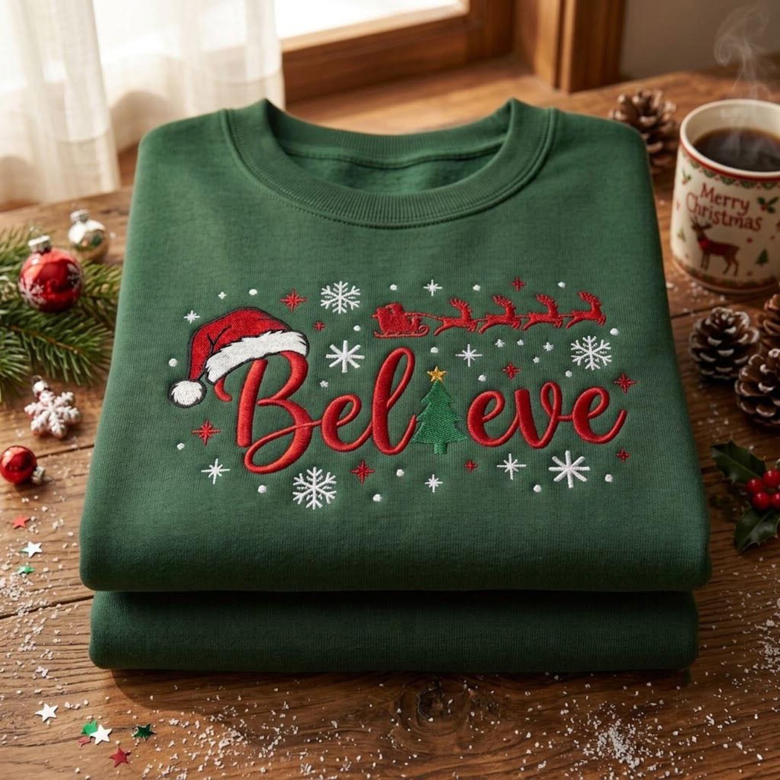Believe Embroidered Christmas Sweatshirt, Santa Hat and Sleigh Crewneck, Festive Holiday Sweater, Christmas Gift 4