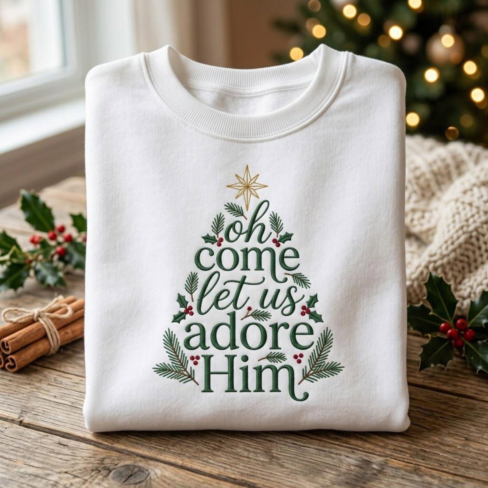 Christian Christmas Embroidered Sweatshirt, Oh Come Let Us Adore Him Crewneck, Faith Based Holiday Shirt, Religious Christmas Gift 3