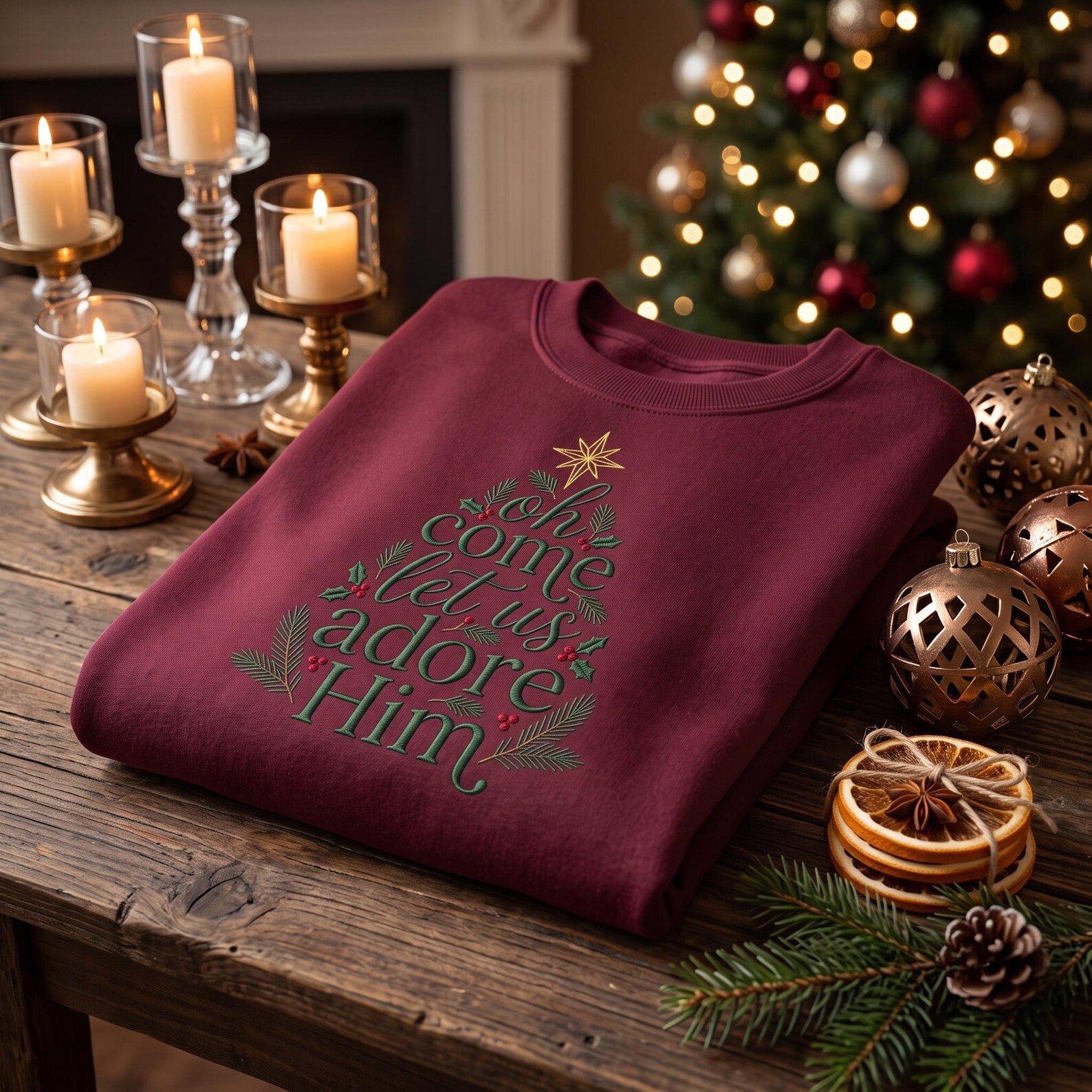 Christian Christmas Embroidered Sweatshirt, Oh Come Let Us Adore Him Crewneck, Faith Based Holiday Shirt, Religious Christmas Gift 2