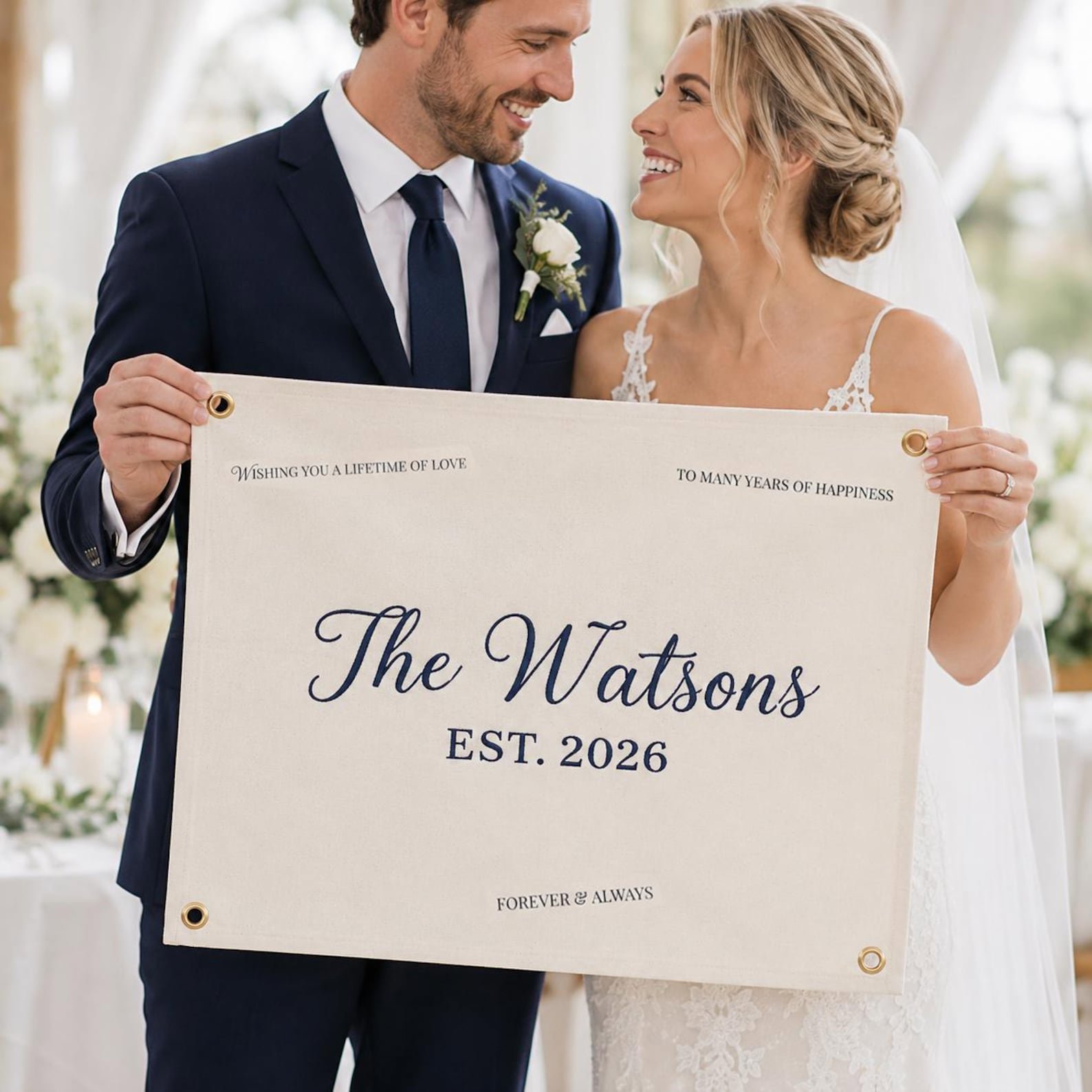 Custom Embroidered Wedding Flag, Canvas Guest Book Sign, Reception Keepsake, Custom Couple Name Banner, Wedding Season, Bride Gift Set 2
