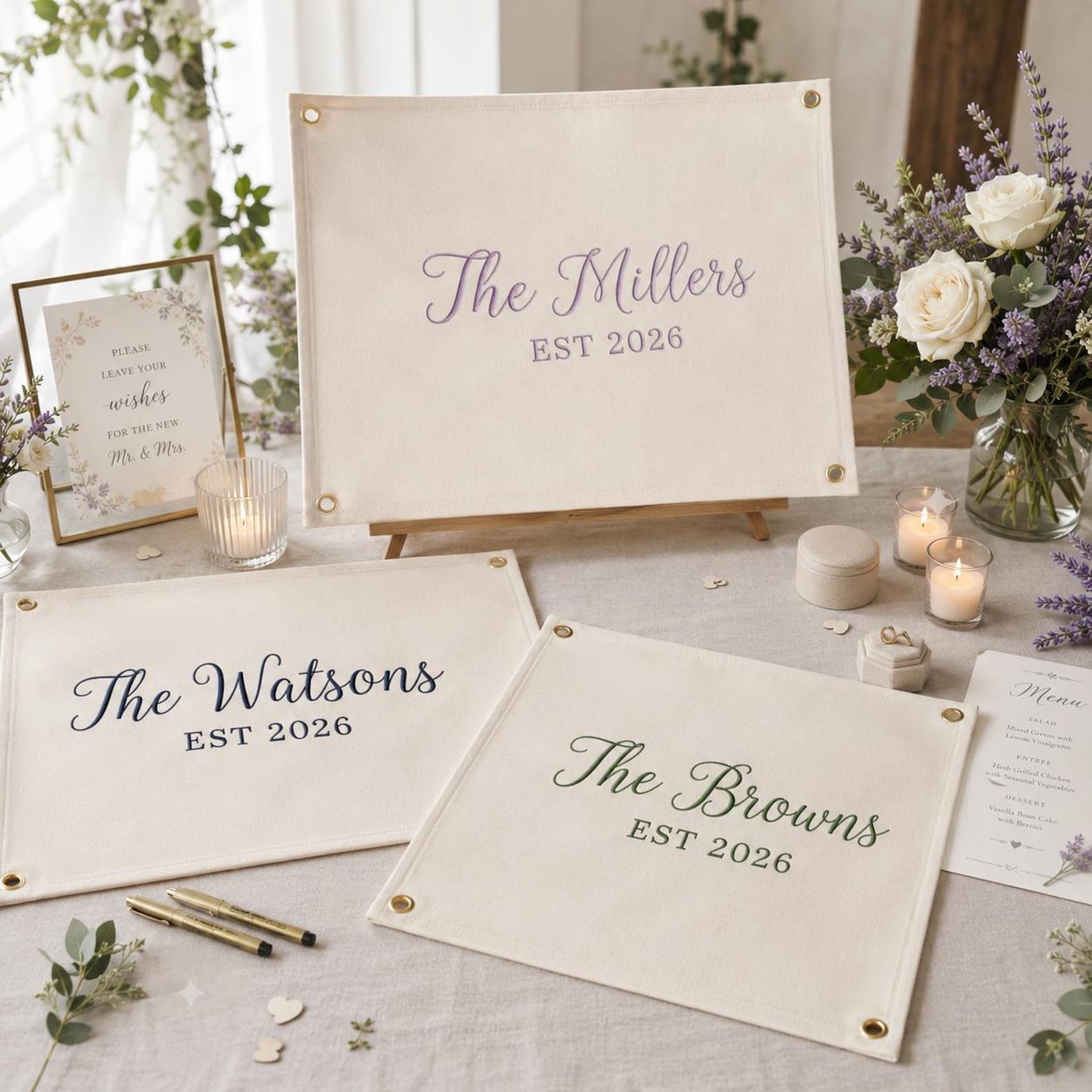 Custom Embroidered Wedding Flag, Canvas Guest Book Sign, Reception Keepsake, Custom Couple Name Banner, Wedding Season, Bride Gift Set 3
