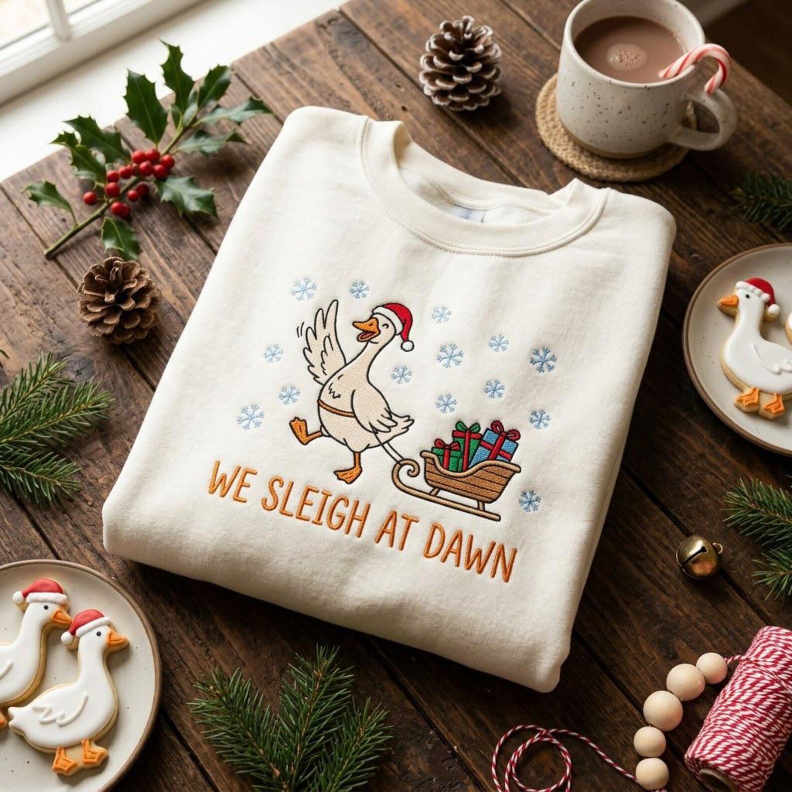 Christmas Goose Embroidered Sweatshirt, We Sleigh at Dawn Funny Holiday Crewneck, Festive Goose Sleigh Christmas Sweater 3