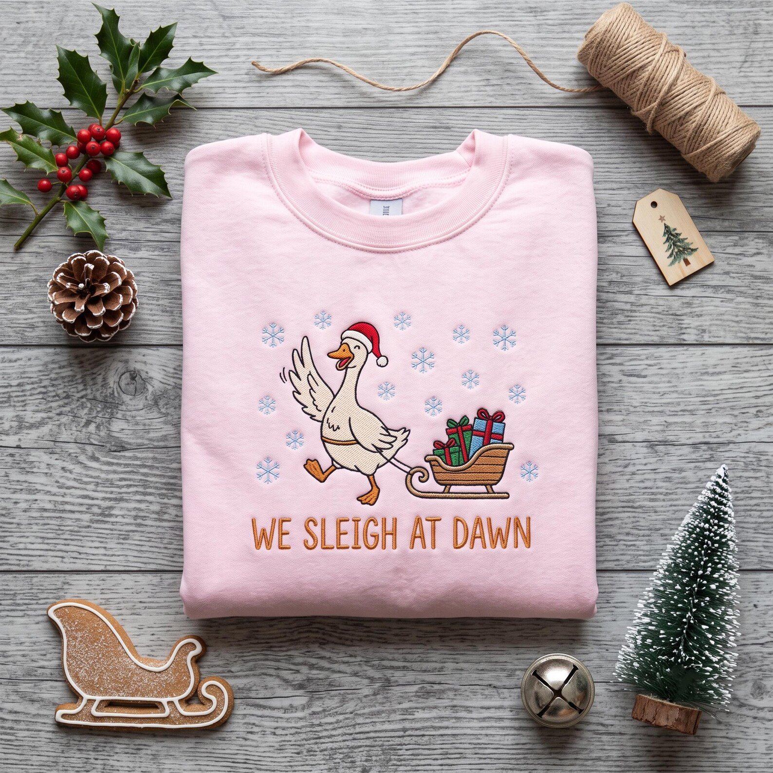 Christmas Goose Embroidered Sweatshirt, We Sleigh at Dawn Funny Holiday Crewneck, Festive Goose Sleigh Christmas Sweater 1