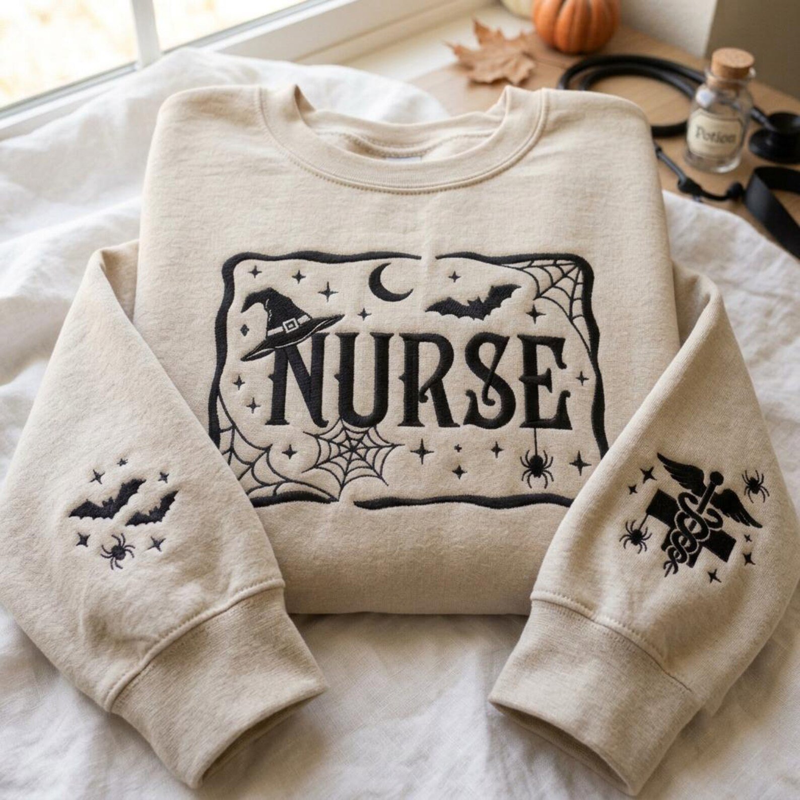 Embroidered Nurse Halloween Sweatshirt, Bat Spider Web Sleeve Embroidery, Spooky Nurse Shirt, Gothic Medical Shirt, Nurse Gift Shirt 2