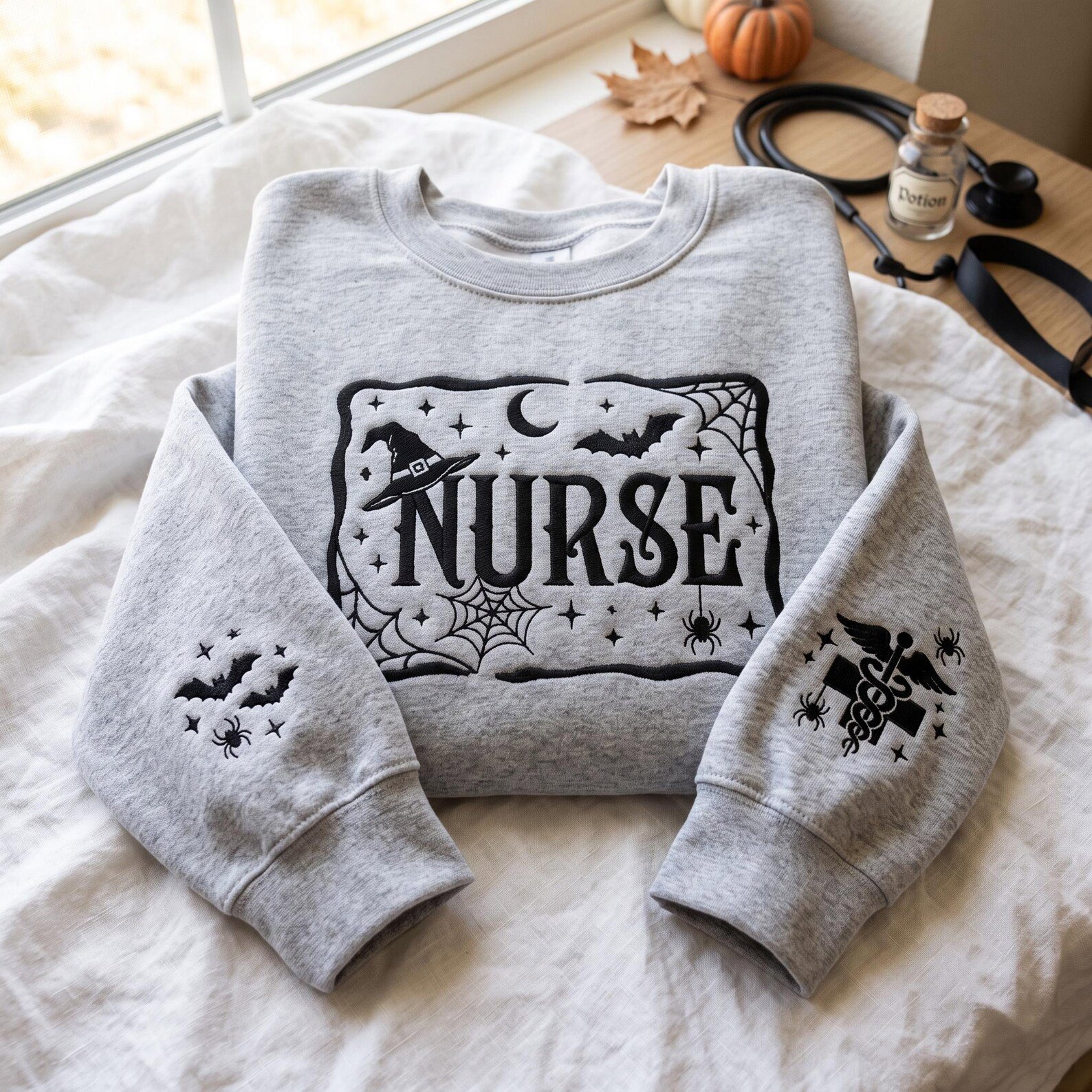 Embroidered Nurse Halloween Sweatshirt, Bat Spider Web Sleeve Embroidery, Spooky Nurse Shirt, Gothic Medical Shirt, Nurse Gift Shirt 3