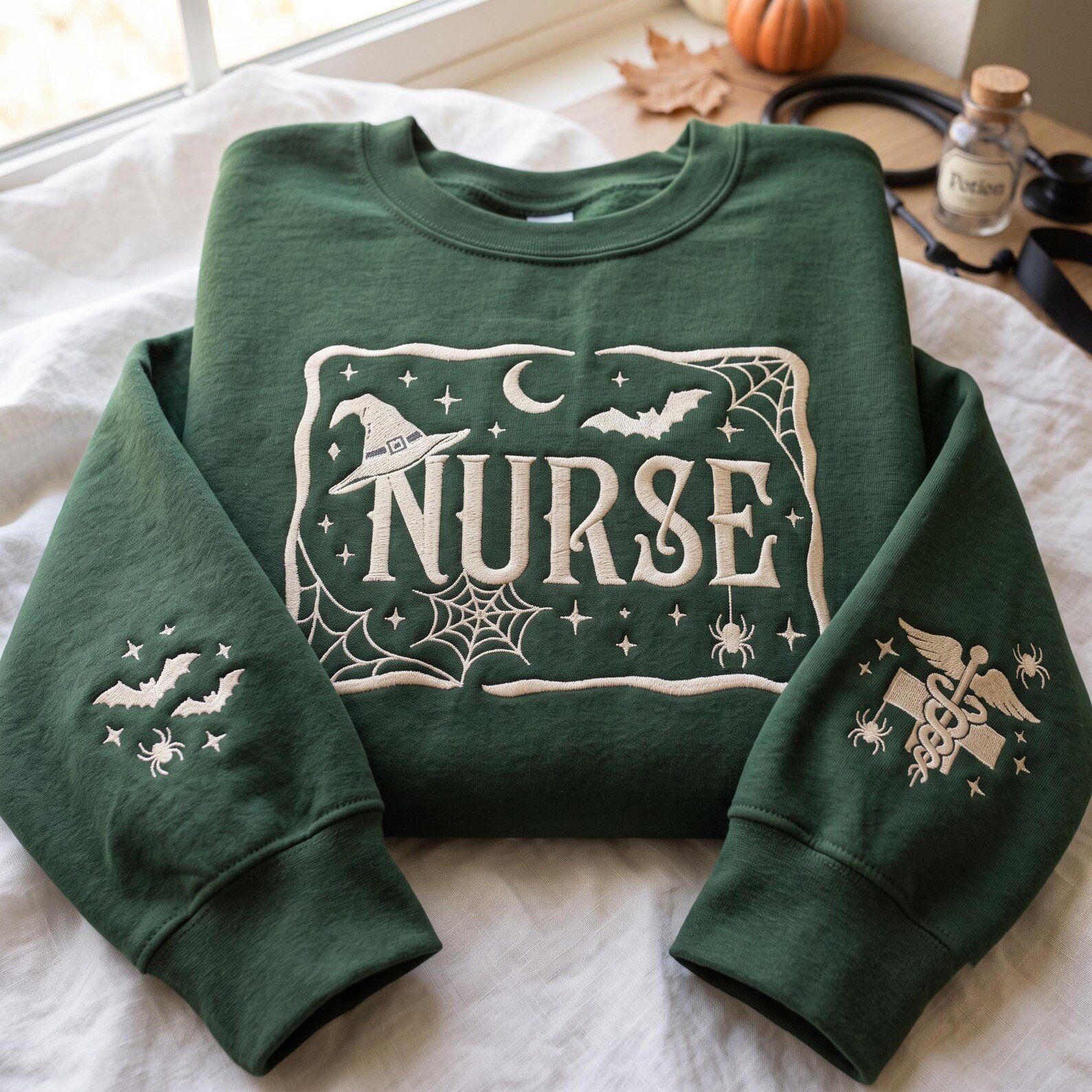 Embroidered Nurse Halloween Sweatshirt, Bat Spider Web Sleeve Embroidery, Spooky Nurse Shirt, Gothic Medical Shirt, Nurse Gift Shirt 4