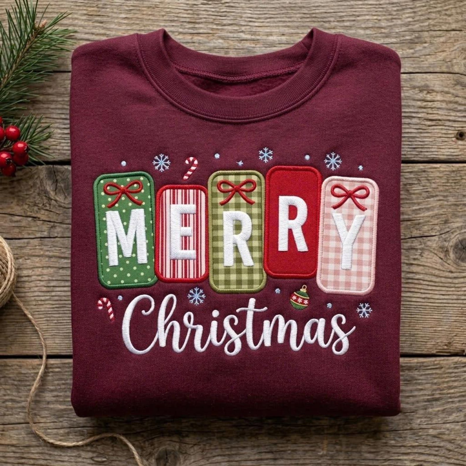Merry Christmas Applique Sweatshirt, Embroidered Gingham Holiday Crewneck, Patchwork Christmas Shirt, Festive Candy Cane Winter Gift 1