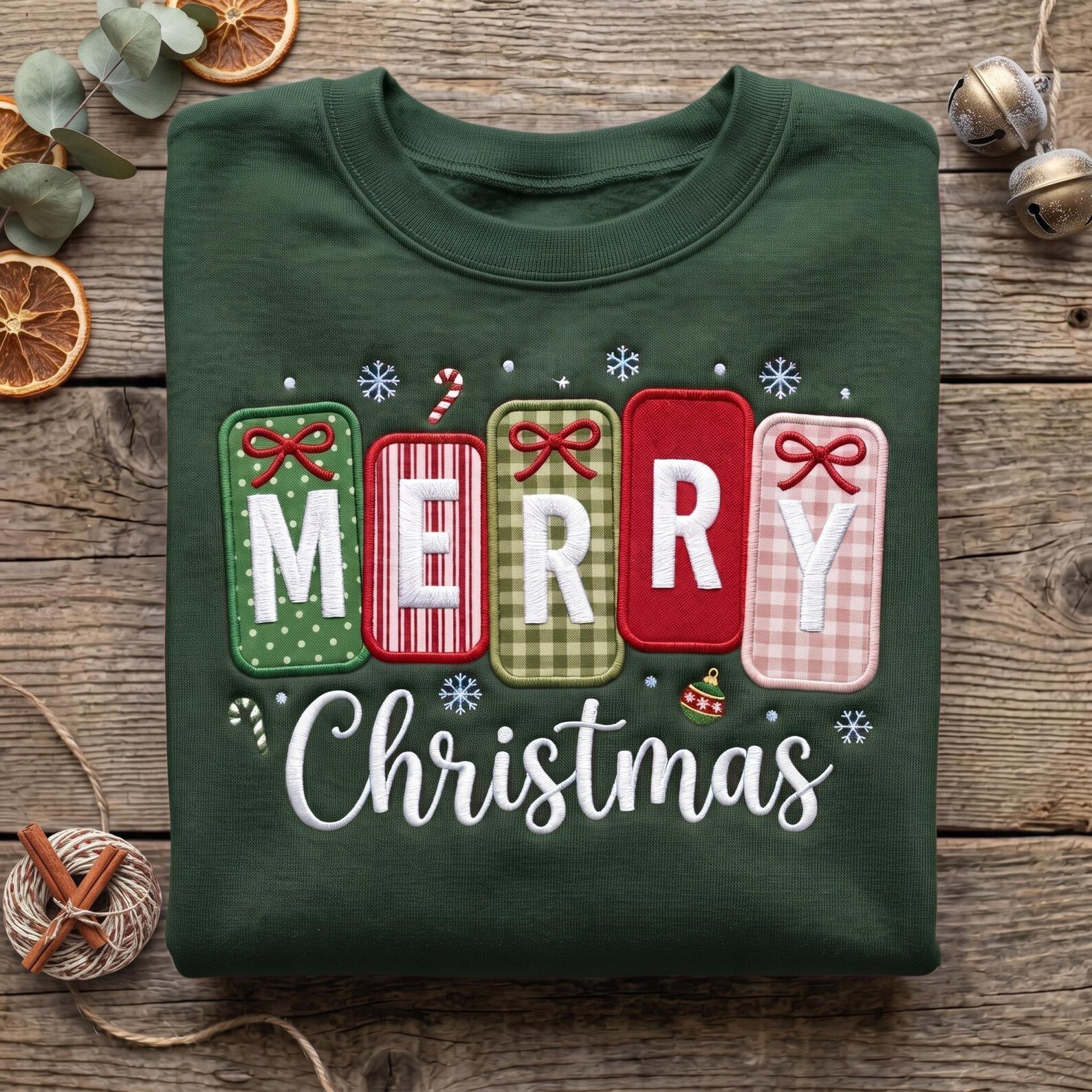 Merry Christmas Applique Sweatshirt, Embroidered Gingham Holiday Crewneck, Patchwork Christmas Shirt, Festive Candy Cane Winter Gift 2
