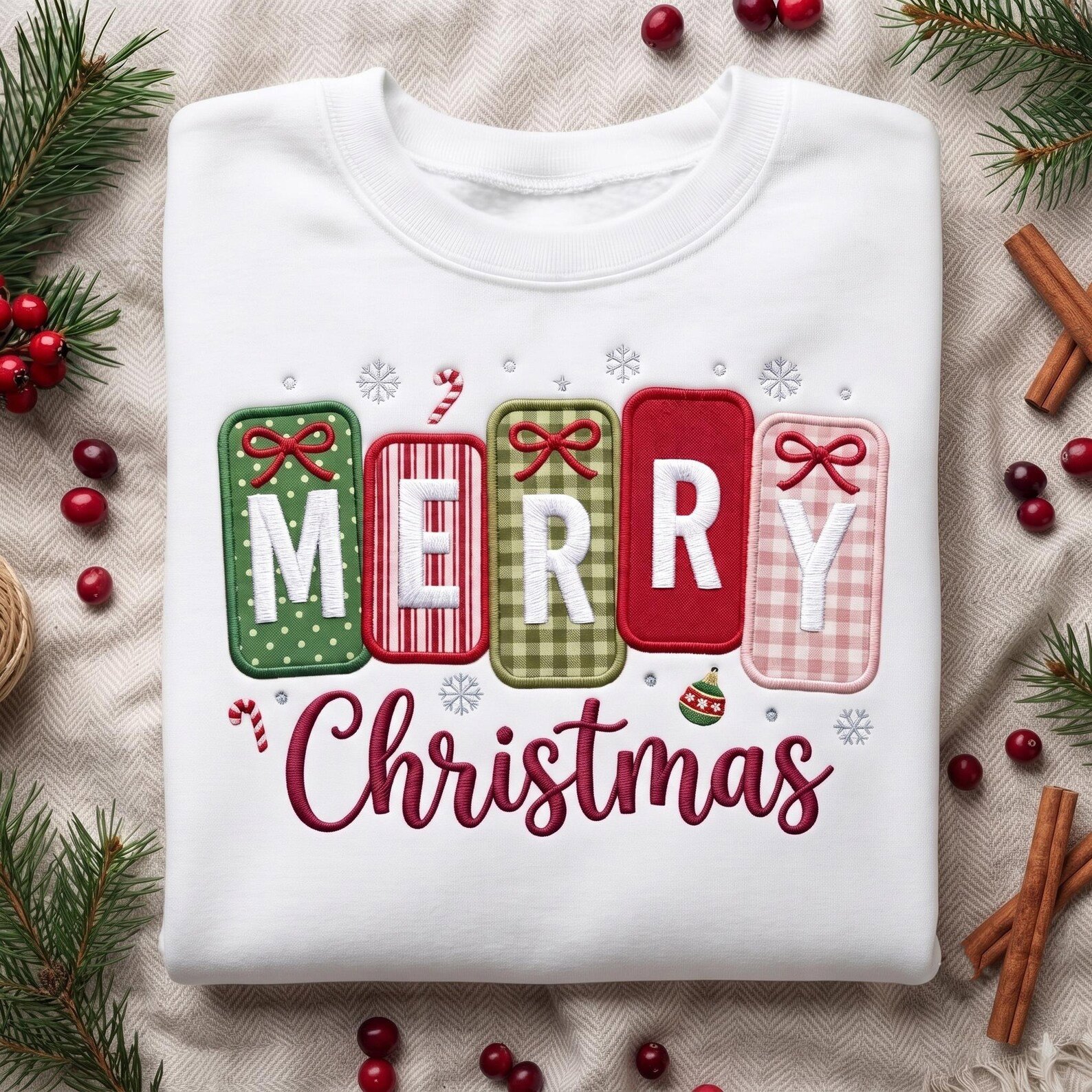 Merry Christmas Applique Sweatshirt, Embroidered Gingham Holiday Crewneck, Patchwork Christmas Shirt, Festive Candy Cane Winter Gift 3
