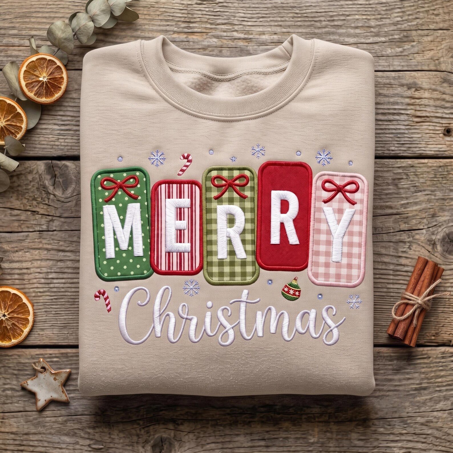 Merry Christmas Applique Sweatshirt, Embroidered Gingham Holiday Crewneck, Patchwork Christmas Shirt, Festive Candy Cane Winter Gift 4