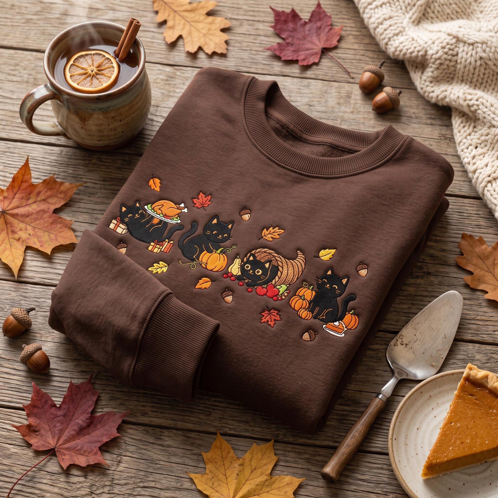 Cute Black Cat Thanksgiving Embroidered Sweatshirt, Fall Pumpkin Harvest Crewneck, Cornucopia Turkey Autumn Design, Cozy Cat Lover Gift 3