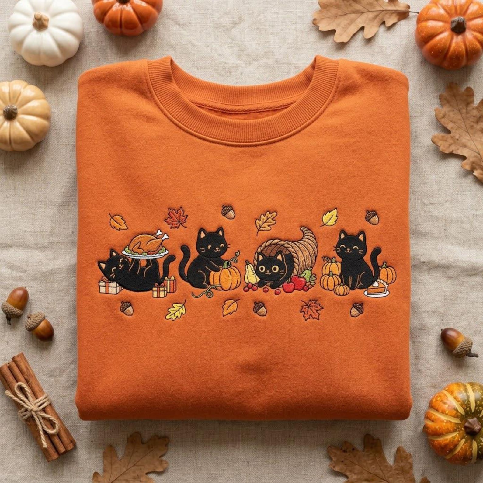 Cute Black Cat Thanksgiving Embroidered Sweatshirt, Fall Pumpkin Harvest Crewneck, Cornucopia Turkey Autumn Design, Cozy Cat Lover Gift 2