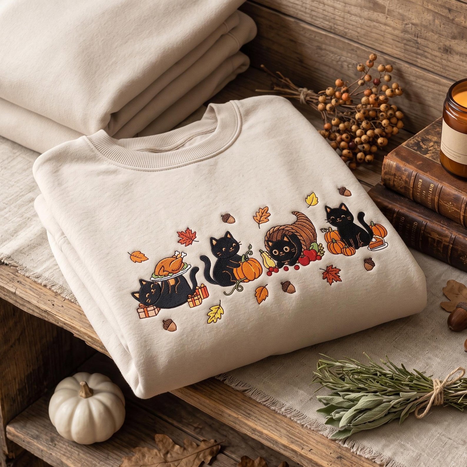 Cute Black Cat Thanksgiving Embroidered Sweatshirt, Fall Pumpkin Harvest Crewneck, Cornucopia Turkey Autumn Design, Cozy Cat Lover Gift 1