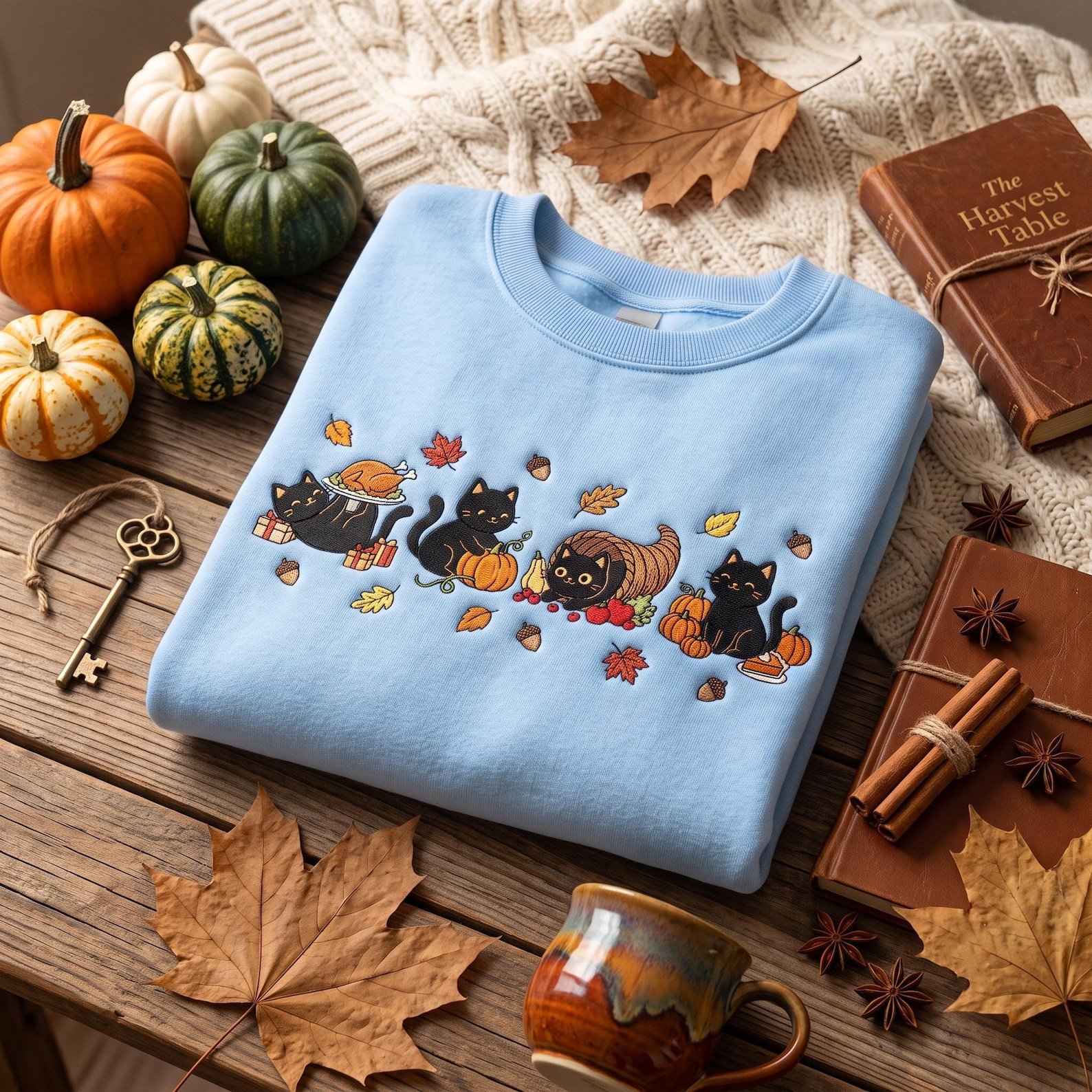 Cute Black Cat Thanksgiving Embroidered Sweatshirt, Fall Pumpkin Harvest Crewneck, Cornucopia Turkey Autumn Design, Cozy Cat Lover Gift 4