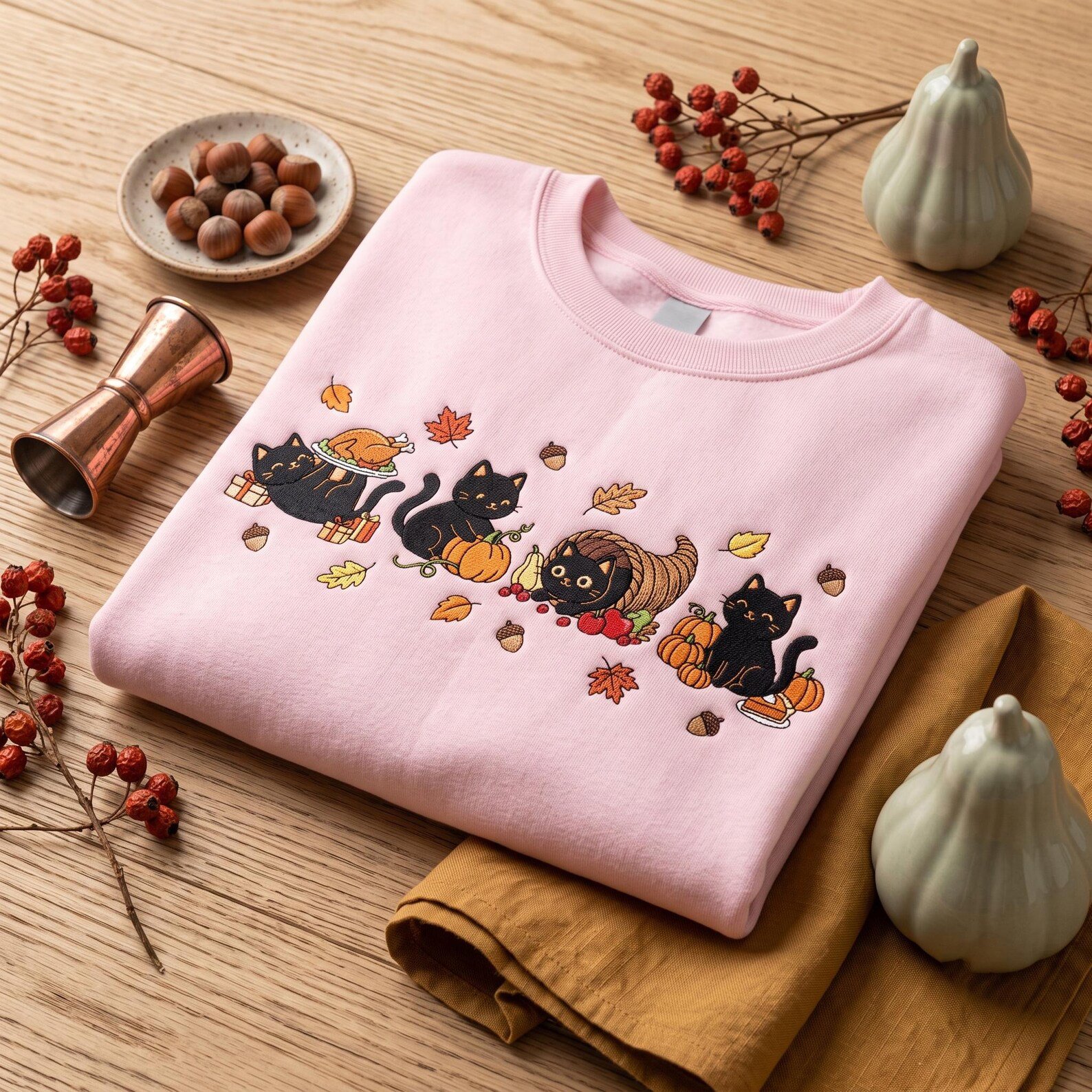 Cute Black Cat Thanksgiving Embroidered Sweatshirt, Fall Pumpkin Harvest Crewneck, Cornucopia Turkey Autumn Design, Cozy Cat Lover Gift 5