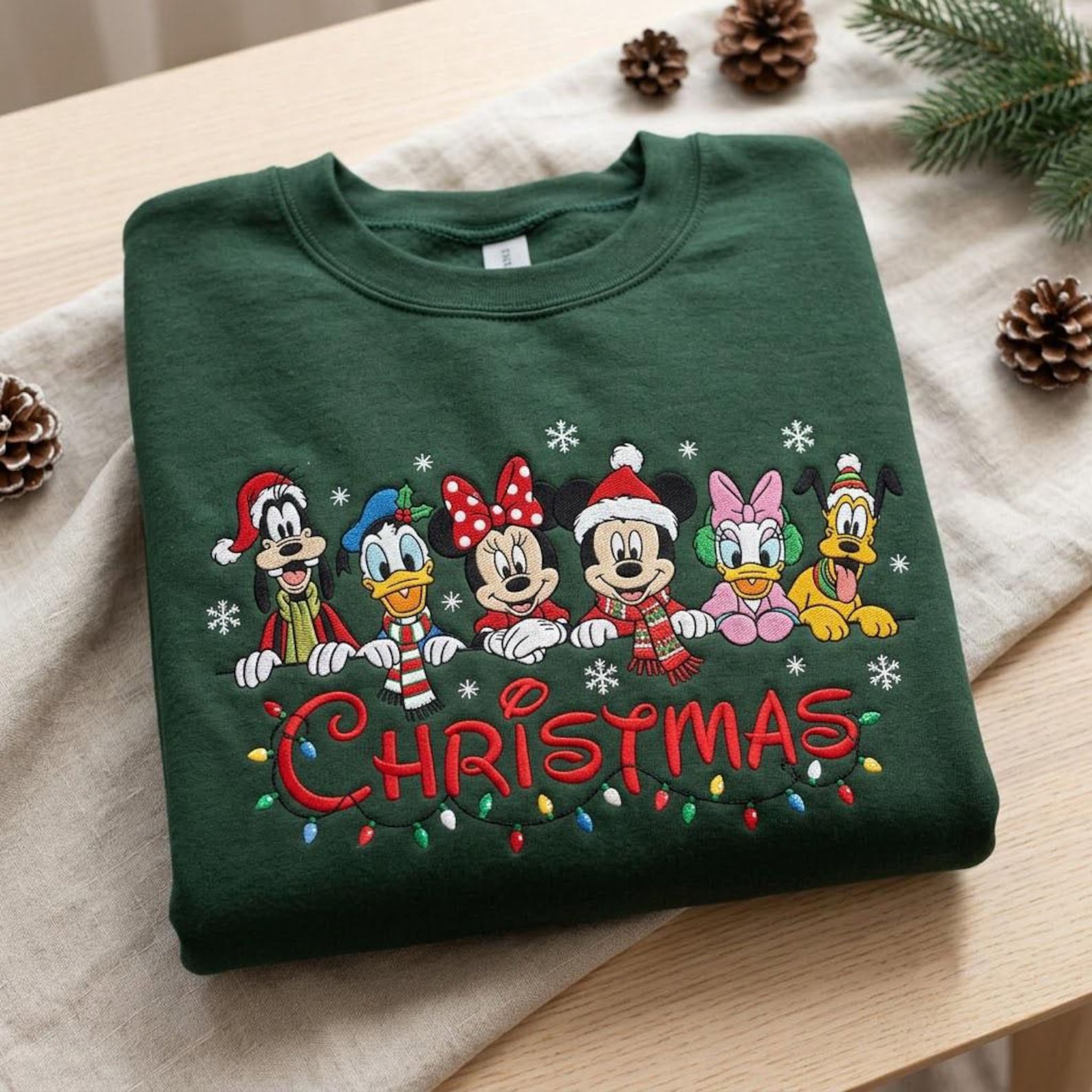 Christmas Friends Embroidered Sweatshirt, Holiday Character Crewneck, Cute Christmas Lights Sweater, Magical Holiday Gift 1