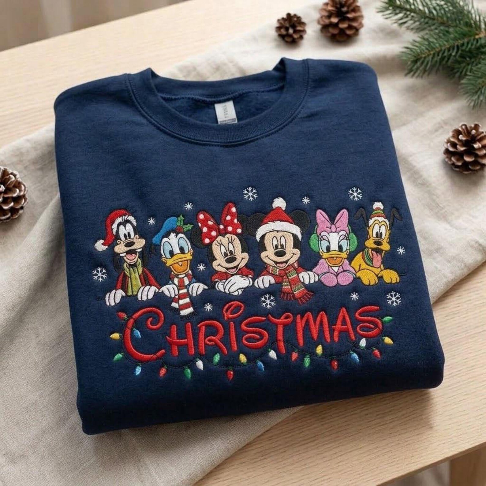 Christmas Friends Embroidered Sweatshirt, Holiday Character Crewneck, Cute Christmas Lights Sweater, Magical Holiday Gift 3