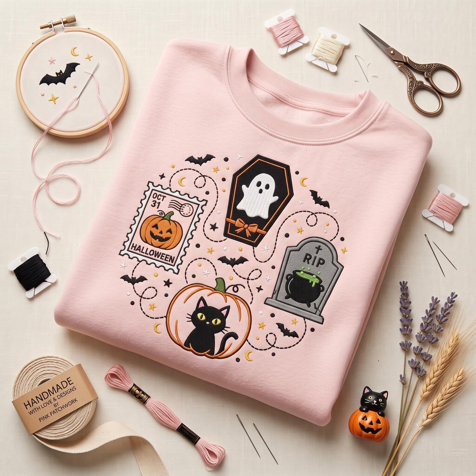 Spooky Halloween Embroidered Sweatshirt, Ghost Coffin Black Cat Pumpkin Crewneck, Vintage Postage Stamp Design, Cute Fall Gift 1