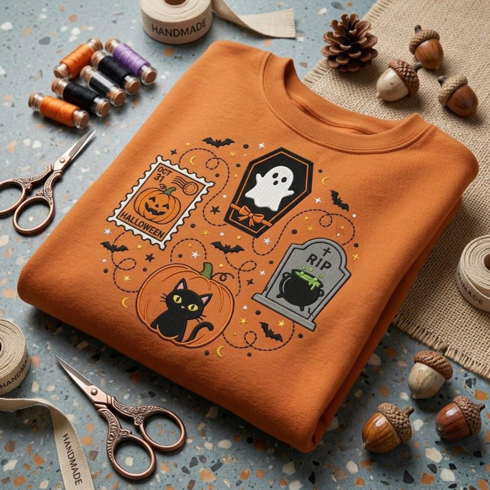 Spooky Halloween Embroidered Sweatshirt, Ghost Coffin Black Cat Pumpkin Crewneck, Vintage Postage Stamp Design, Cute Fall Gift 2