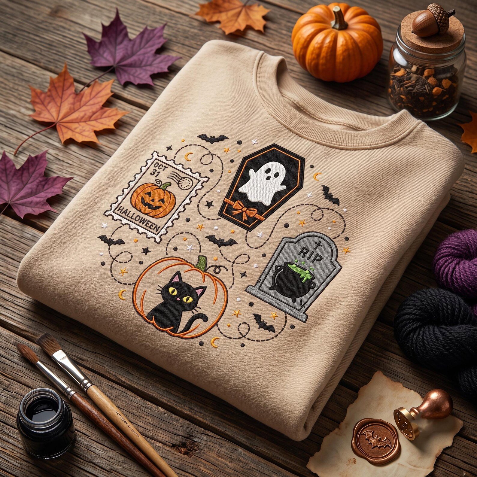 Spooky Halloween Embroidered Sweatshirt, Ghost Coffin Black Cat Pumpkin Crewneck, Vintage Postage Stamp Design, Cute Fall Gift 3