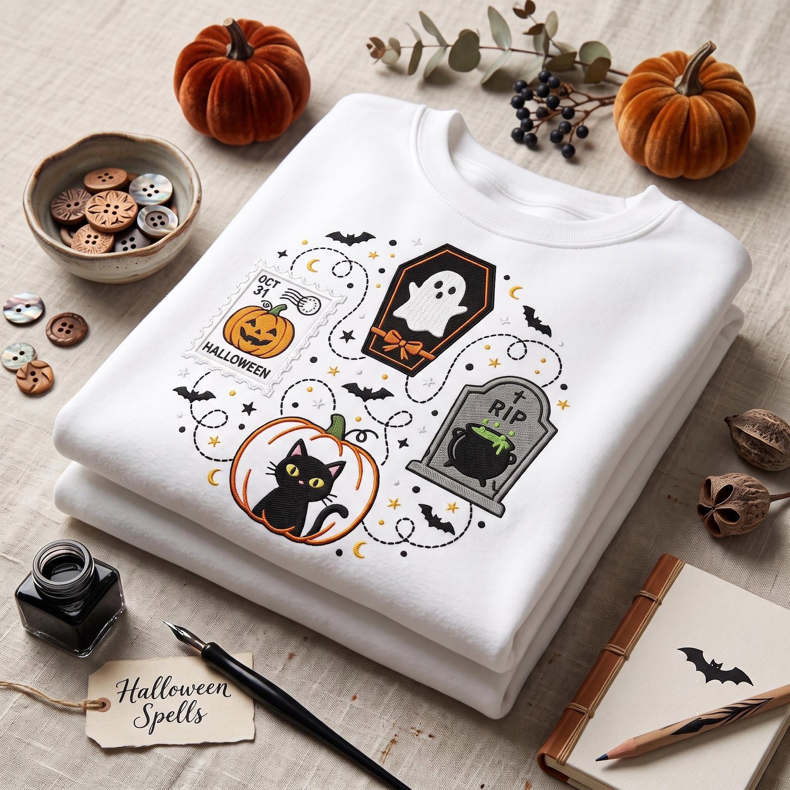 Spooky Halloween Embroidered Sweatshirt, Ghost Coffin Black Cat Pumpkin Crewneck, Vintage Postage Stamp Design, Cute Fall Gift 4