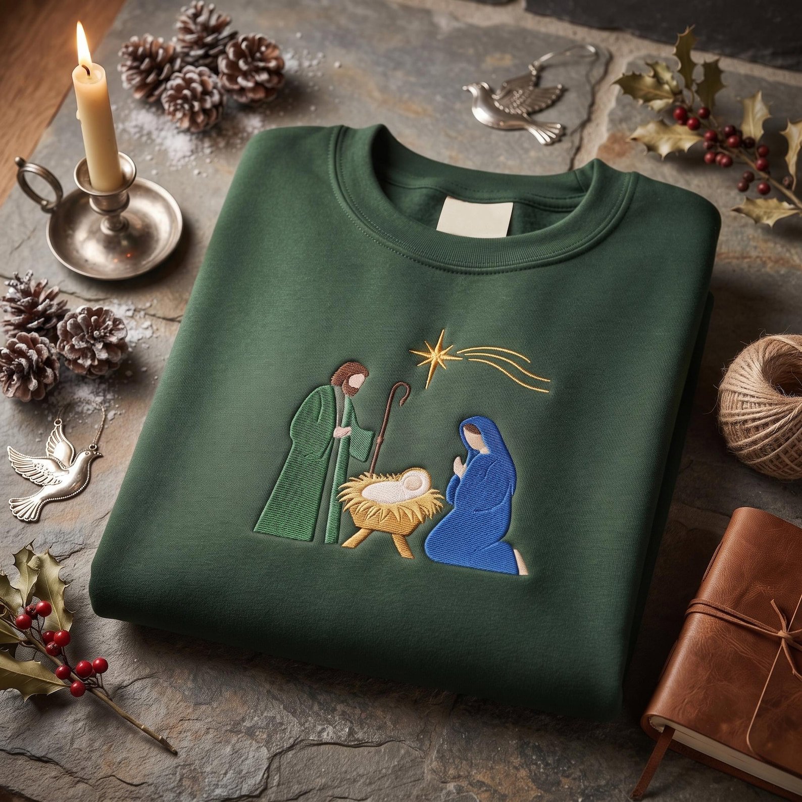 Christian Christmas Embroidered Sweatshirt, Minimal Nativity Scene Crewneck, Holy Family Manger Artwork, Faith-Based Holiday Gift 1