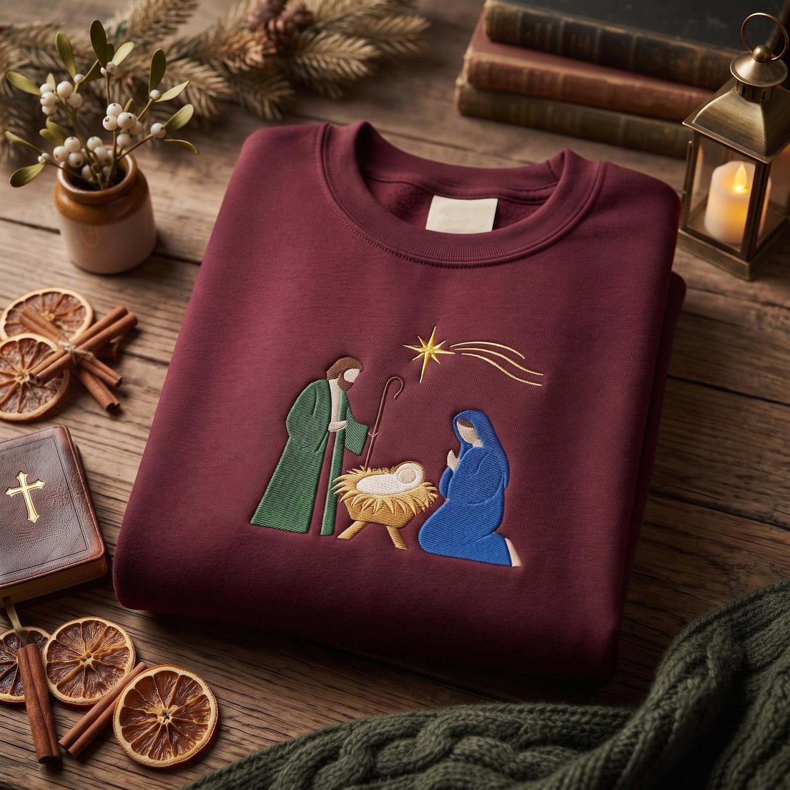 Christian Christmas Embroidered Sweatshirt, Minimal Nativity Scene Crewneck, Holy Family Manger Artwork, Faith-Based Holiday Gift 3