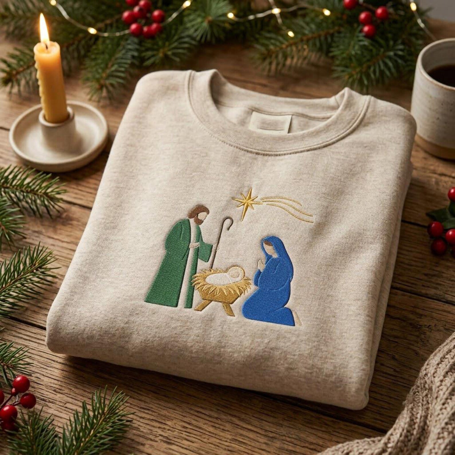 Christian Christmas Embroidered Sweatshirt, Minimal Nativity Scene Crewneck, Holy Family Manger Artwork, Faith-Based Holiday Gift 2