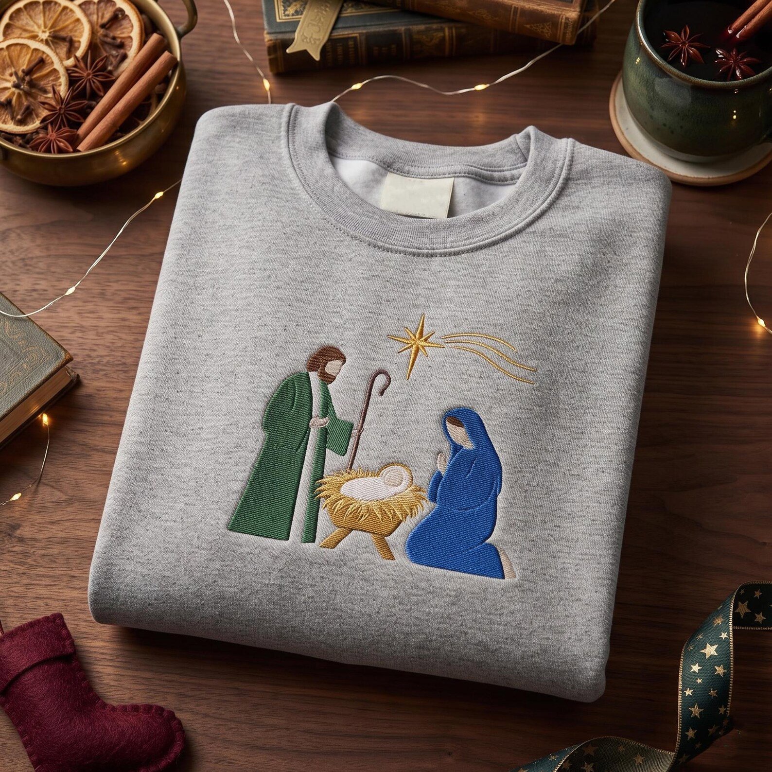 Christian Christmas Embroidered Sweatshirt, Minimal Nativity Scene Crewneck, Holy Family Manger Artwork, Faith-Based Holiday Gift 4