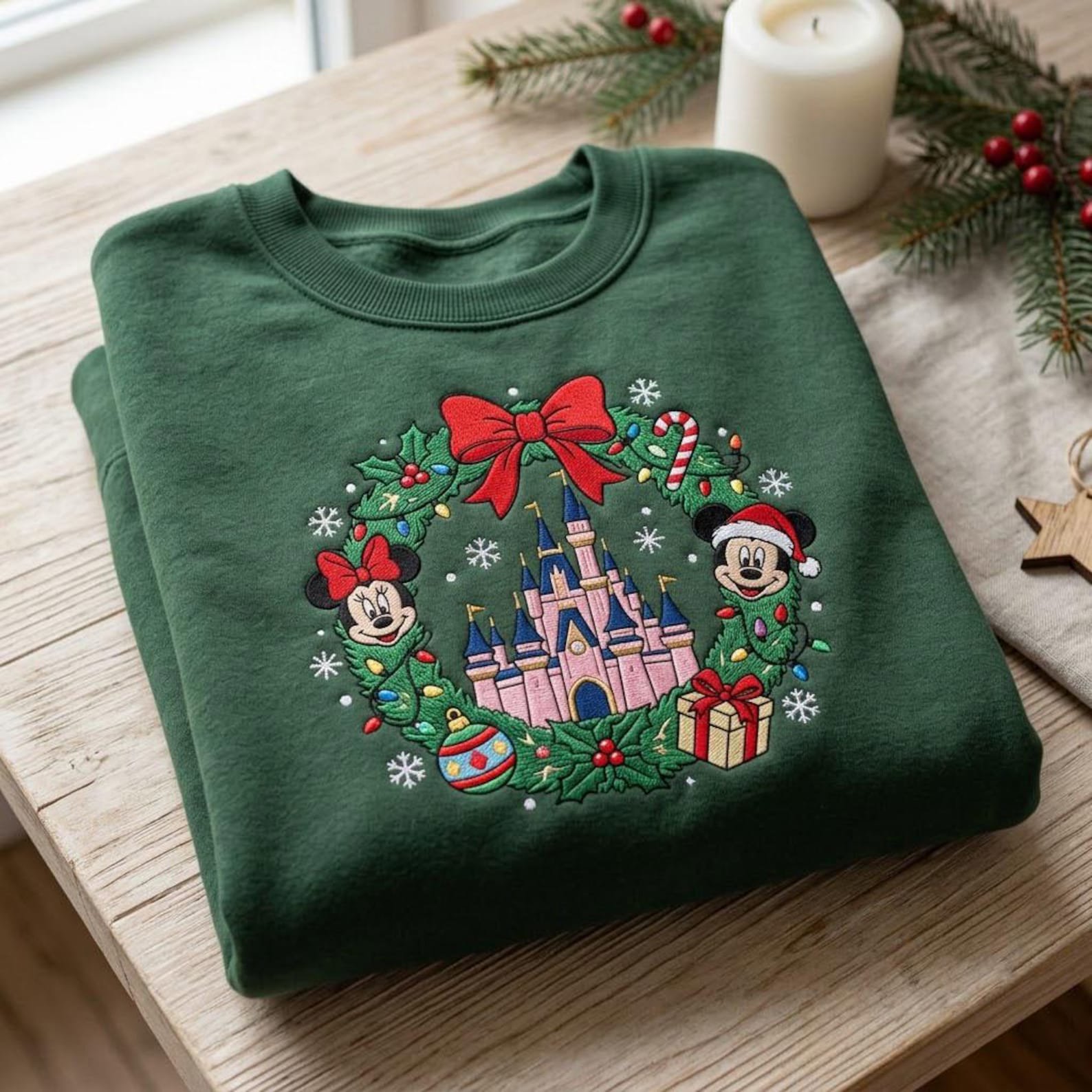 Christmas Castle Embroidered Sweatshirt, Holiday Wreath Crewneck, Magical Theme Park Christmas Shirt, Festive Castle Gift 2