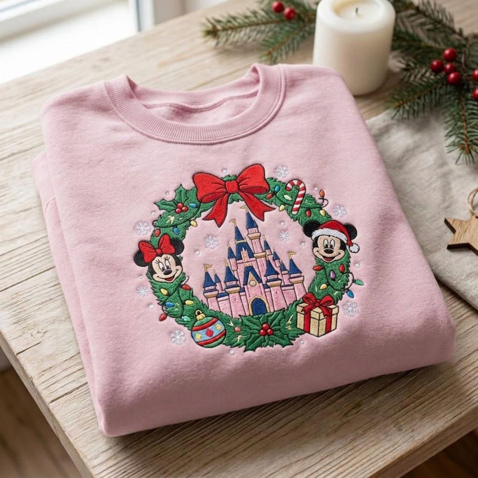 Christmas Castle Embroidered Sweatshirt, Holiday Wreath Crewneck, Magical Theme Park Christmas Shirt, Festive Castle Gift 3