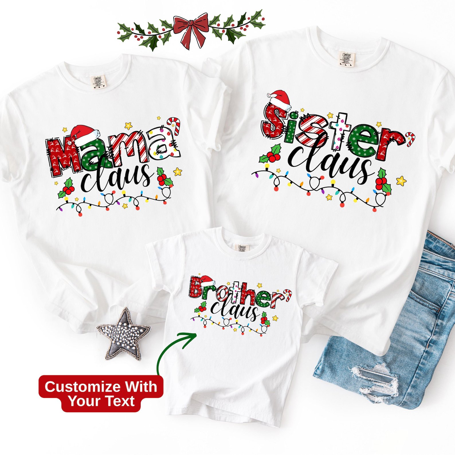 Custom Name Claus Shirt, Personalized Christmas Family Tee, Preppy Mama Mini Gigi Xmas Sweatshirt 1