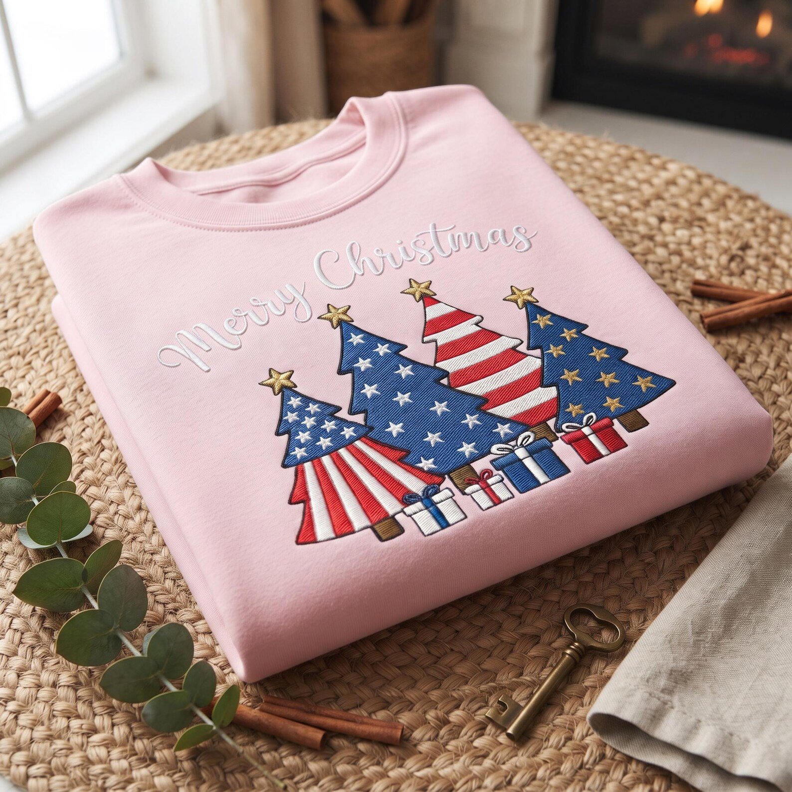 Patriotic Christmas Embroidered Sweatshirt, Merry Christmas Tree Crewneck, American Flag Stars and Stripes Holiday Winter Gift 2