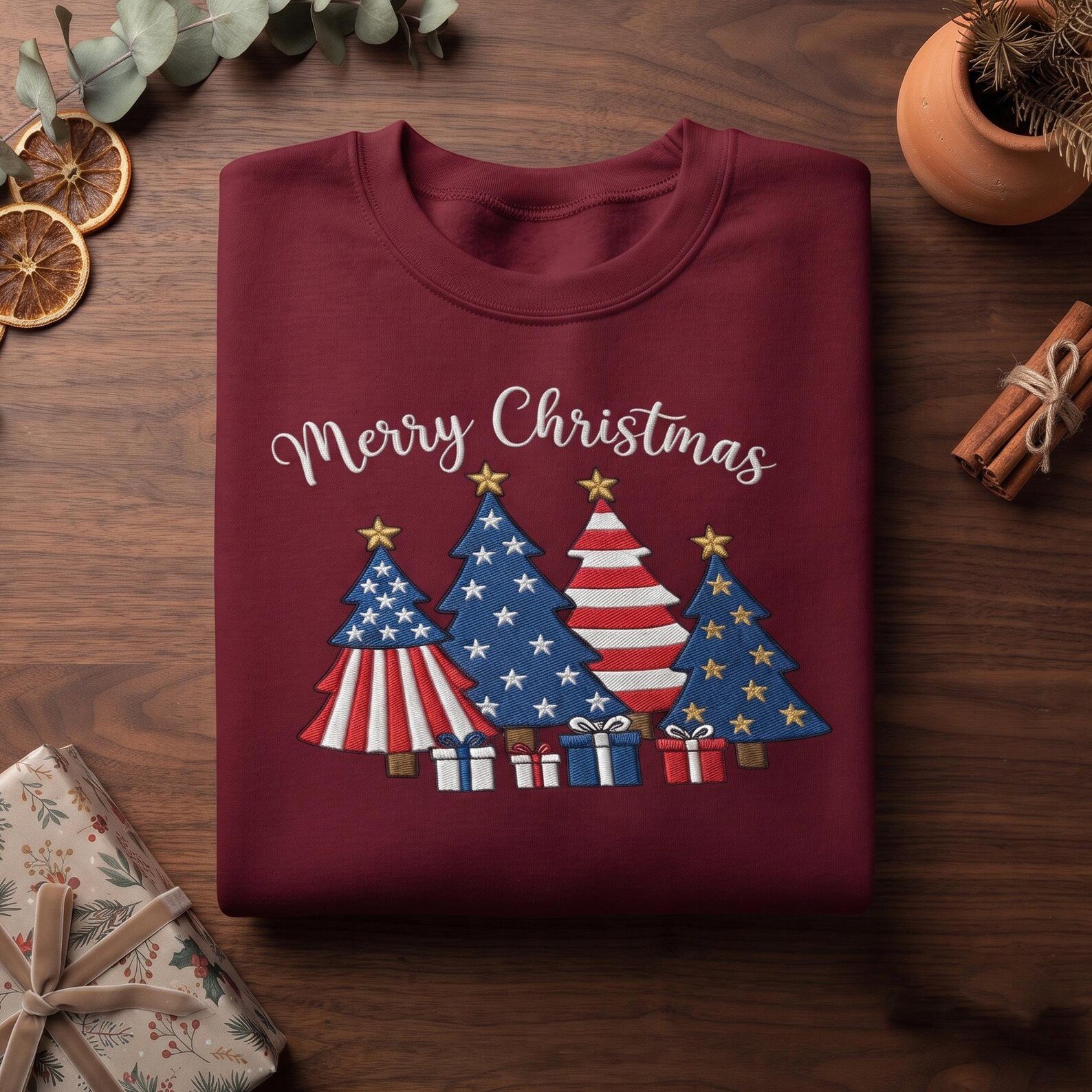 Patriotic Christmas Embroidered Sweatshirt, Merry Christmas Tree Crewneck, American Flag Stars and Stripes Holiday Winter Gift 1