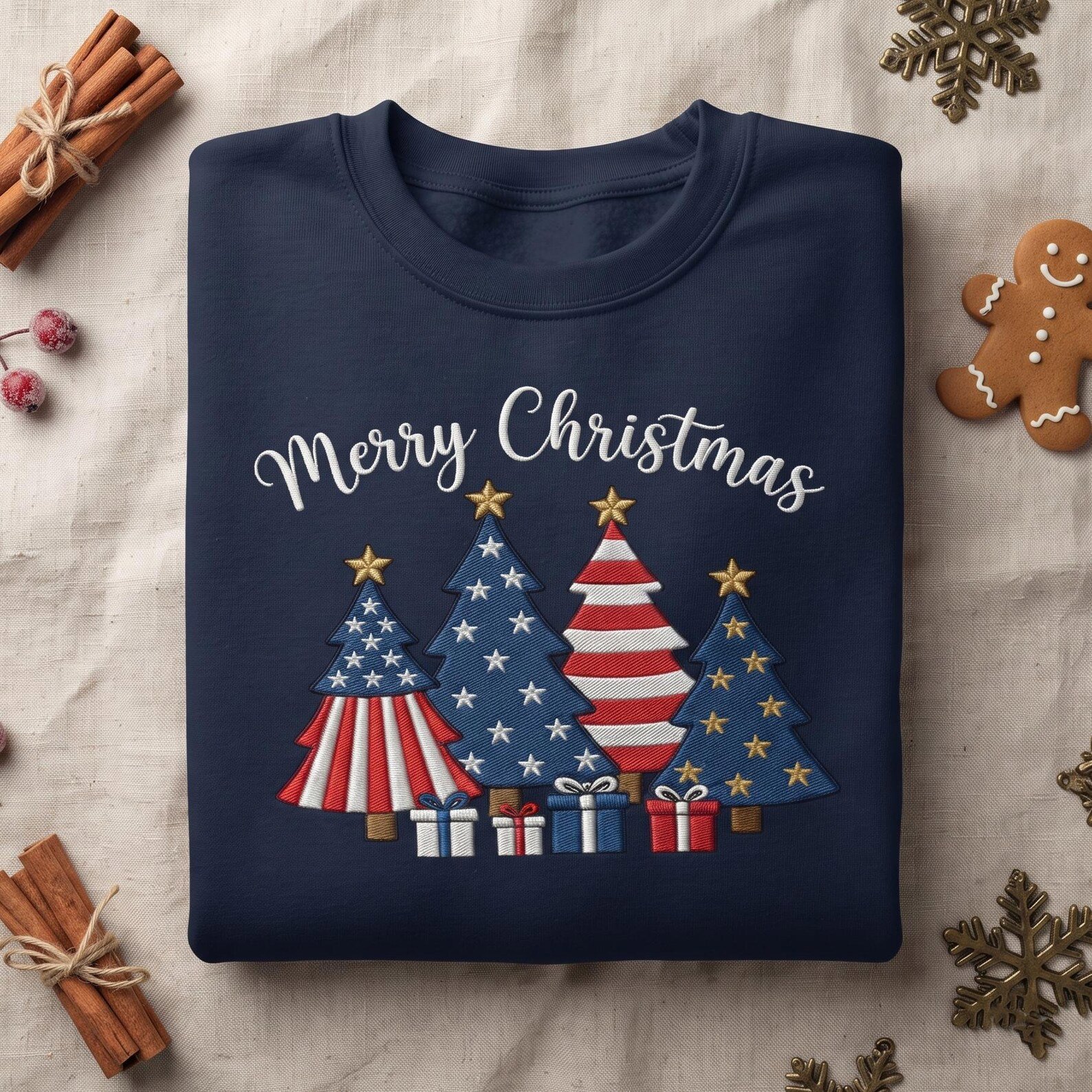 Patriotic Christmas Embroidered Sweatshirt, Merry Christmas Tree Crewneck, American Flag Stars and Stripes Holiday Winter Gift 3