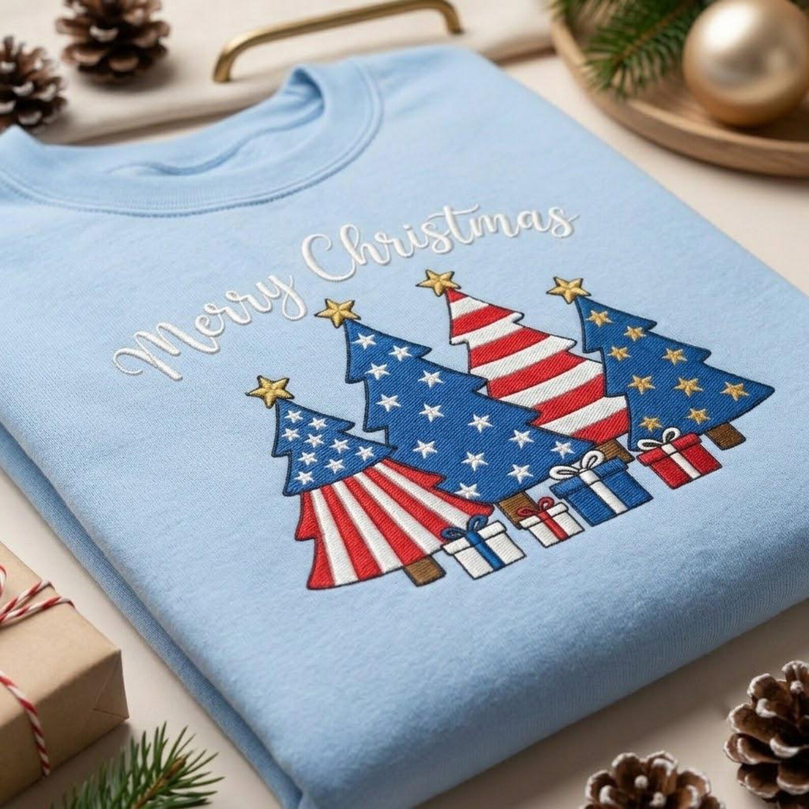 Patriotic Christmas Embroidered Sweatshirt, Merry Christmas Tree Crewneck, American Flag Stars and Stripes Holiday Winter Gift 4