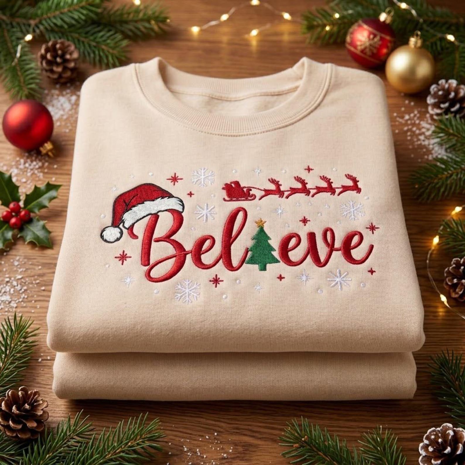 Believe Christmas Embroidered Sweatshirt, Santa Sleigh Holiday Crewneck, Festive Christmas Sweater, Cozy Winter Gift 3