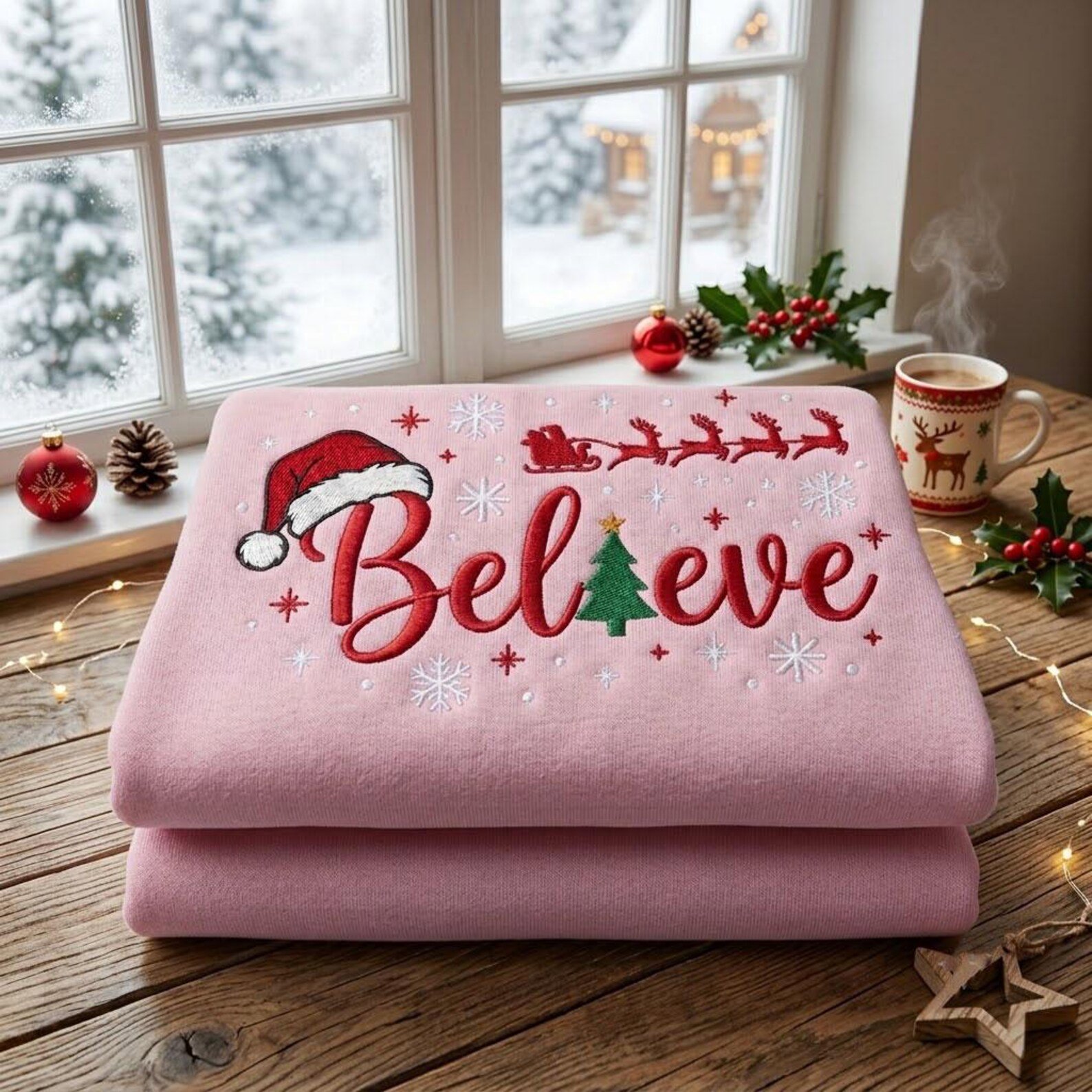 Believe Christmas Embroidered Sweatshirt, Santa Sleigh Holiday Crewneck, Festive Christmas Sweater, Cozy Winter Gift 4