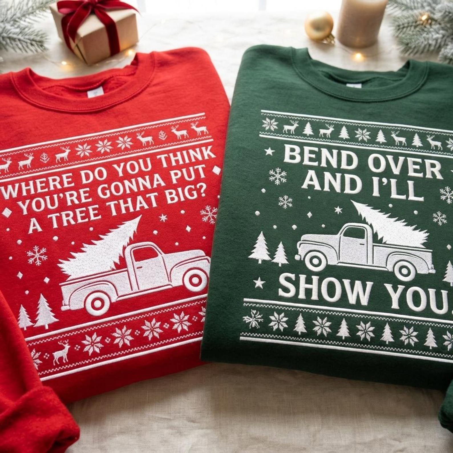 Funny Matching Christmas Couple Embroidered Sweatshirt, Bend Over I Will Show You A Tree That Big Holiday Crewneck, Xmas Couple Gift 1