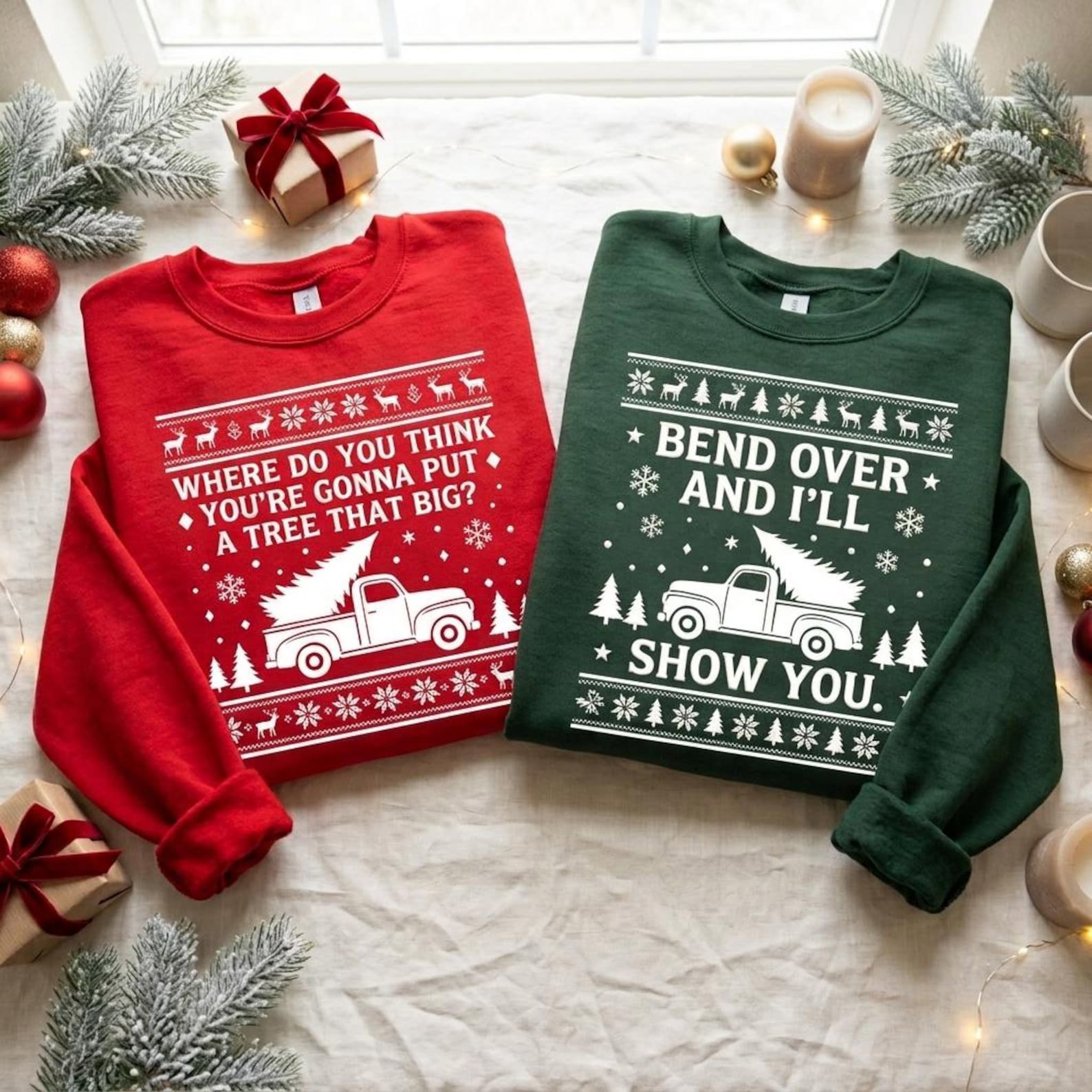 Funny Matching Christmas Couple Embroidered Sweatshirt, Bend Over I Will Show You A Tree That Big Holiday Crewneck, Xmas Couple Gift 2