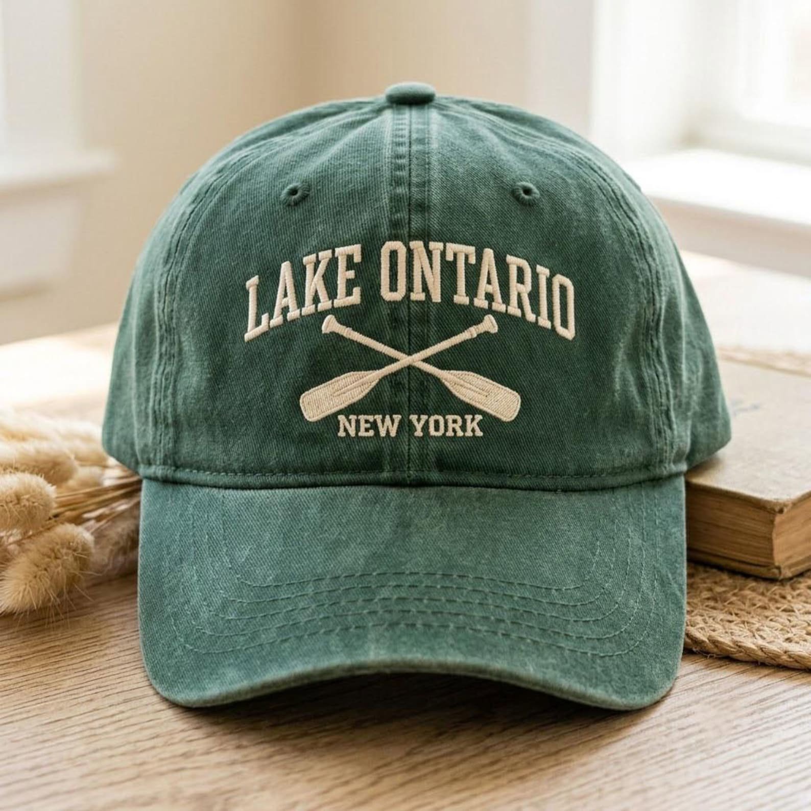 Lake Ontario Embroidered Washed Hat, New York Lake Dad Hat, Crossed Oars Boating Cap, Great Lakes Vacation Gift, Lake Lover Hat 1
