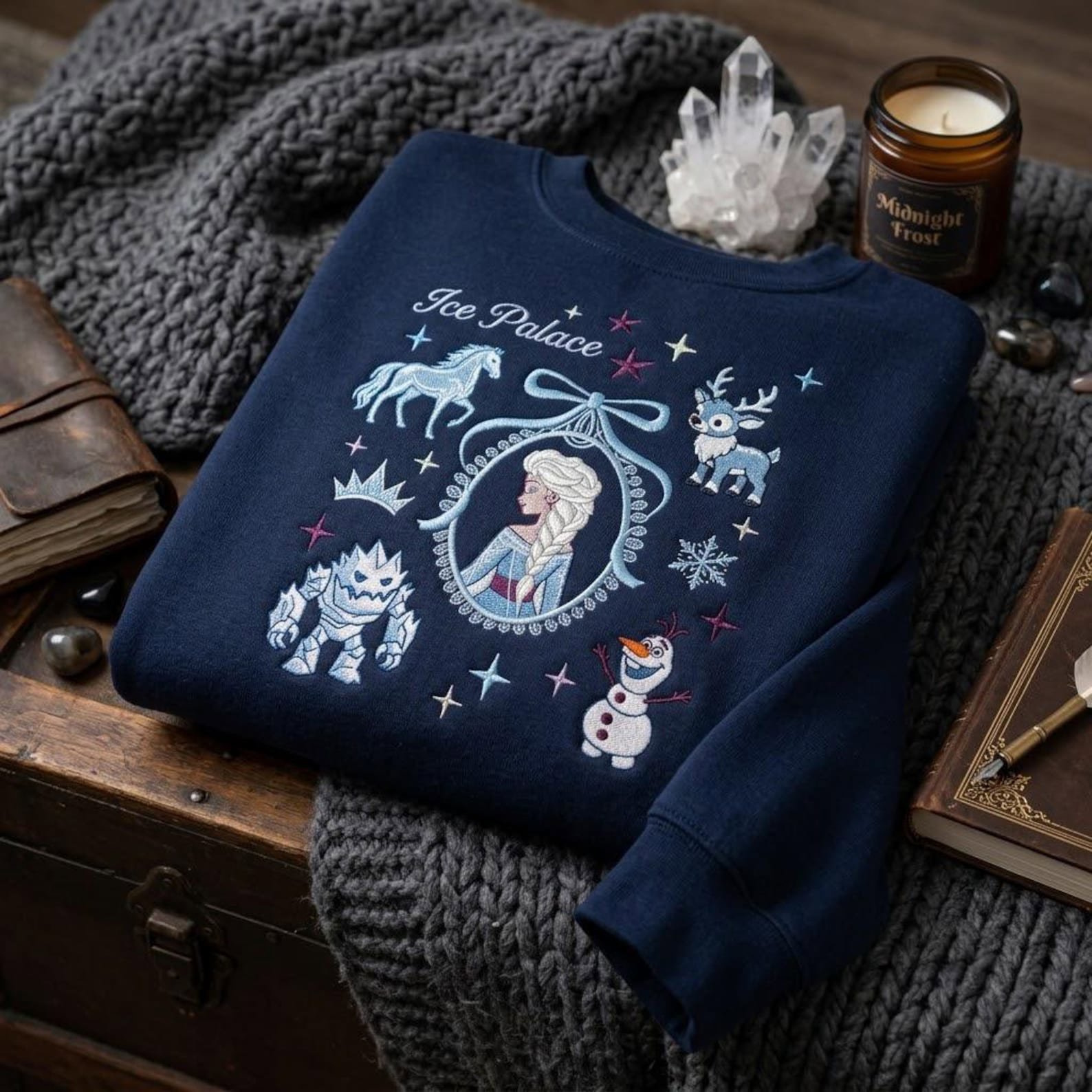 Ice Palace Embroidered Sweatshirt, Frozen Princess Winter Crewneck, Snow Queen Reindeer Snowman Magical Christmas Gift 2