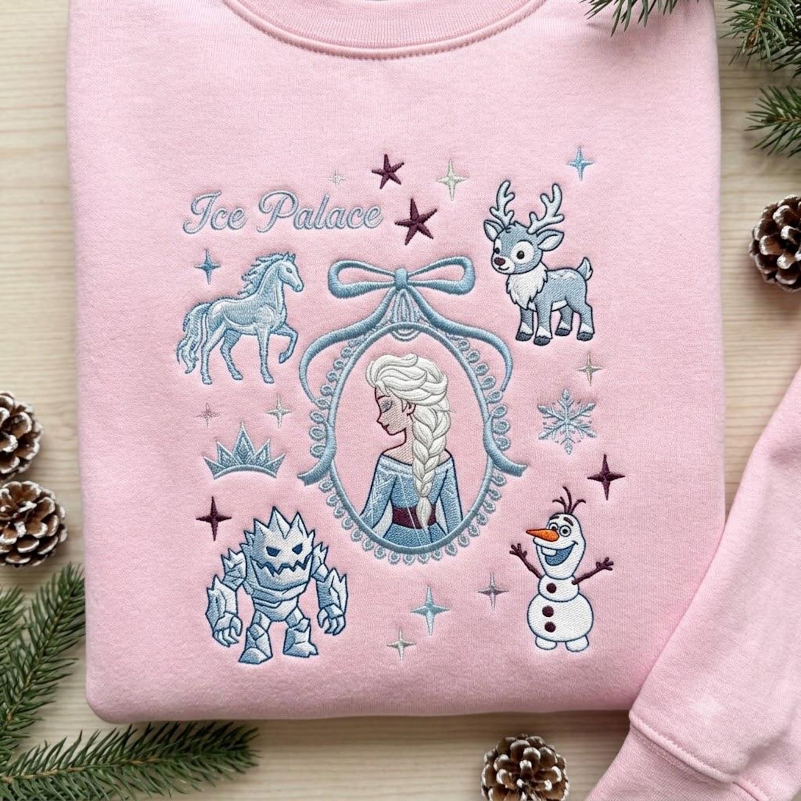 Ice Palace Embroidered Sweatshirt, Frozen Princess Winter Crewneck, Snow Queen Reindeer Snowman Magical Christmas Gift 3