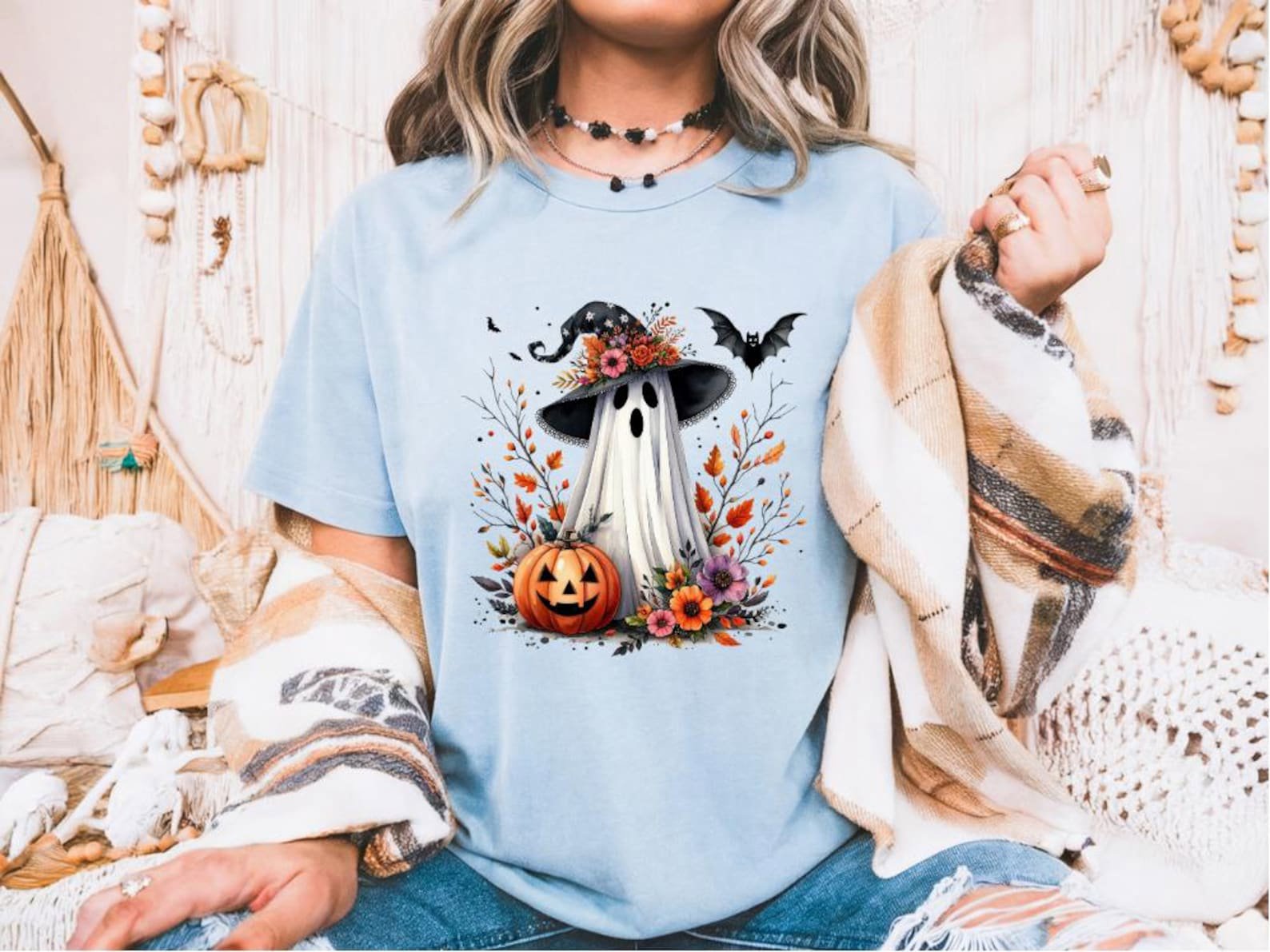 Floral Ghost Witch Hat Shirt, Boho Pumpkin Halloween Sweatshirt 2