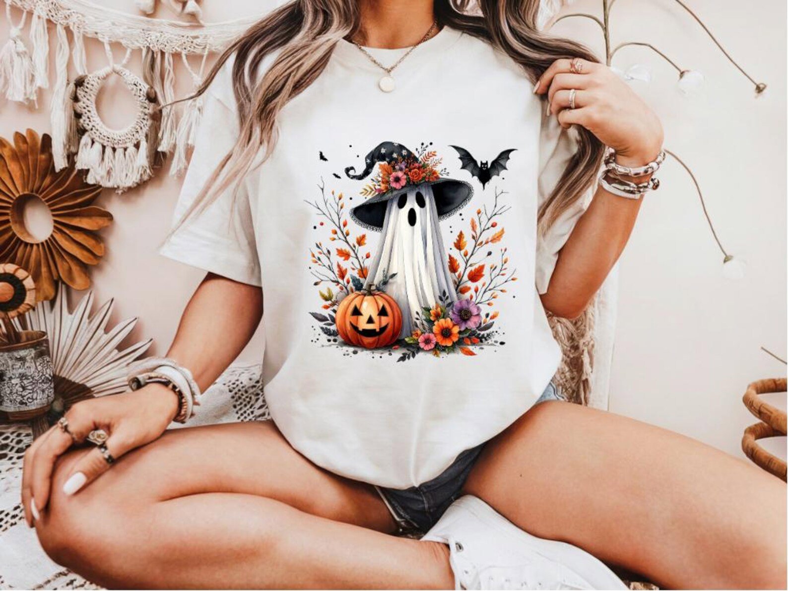 Floral Ghost Witch Hat Shirt, Boho Pumpkin Halloween Sweatshirt 1