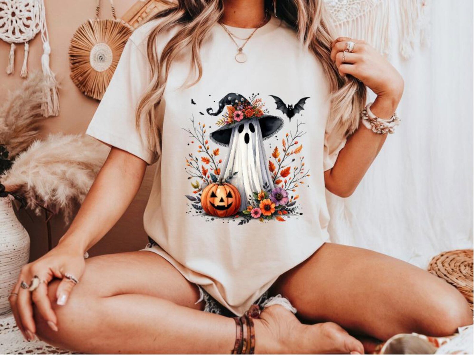 Floral Ghost Witch Hat Shirt, Boho Pumpkin Halloween Sweatshirt 4